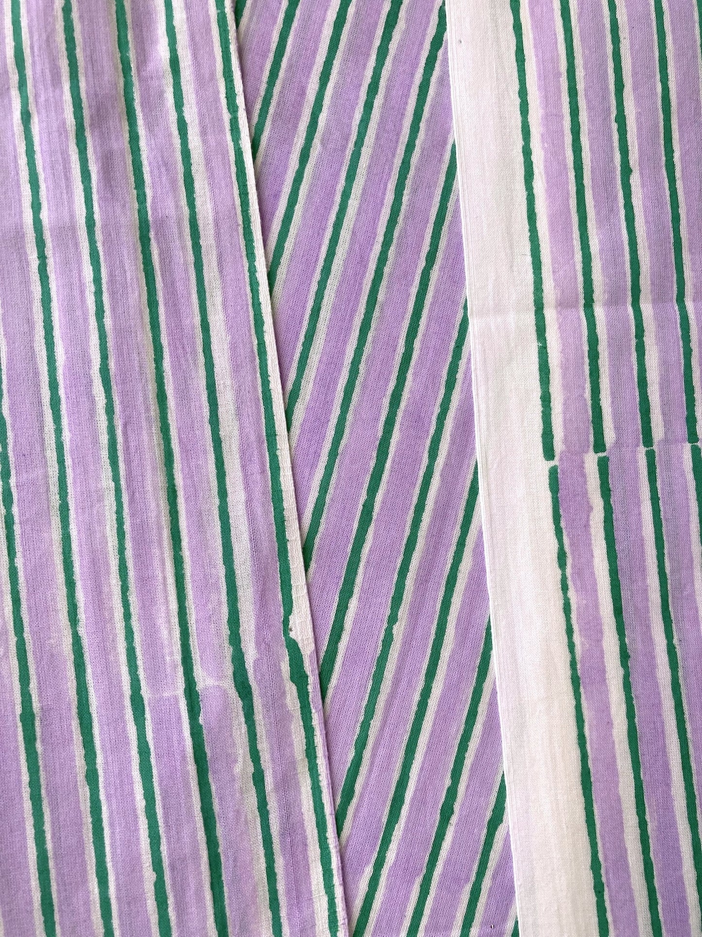 ハンドブロックプリント パープル x グリーン ストライプ コットン生地  #273-13