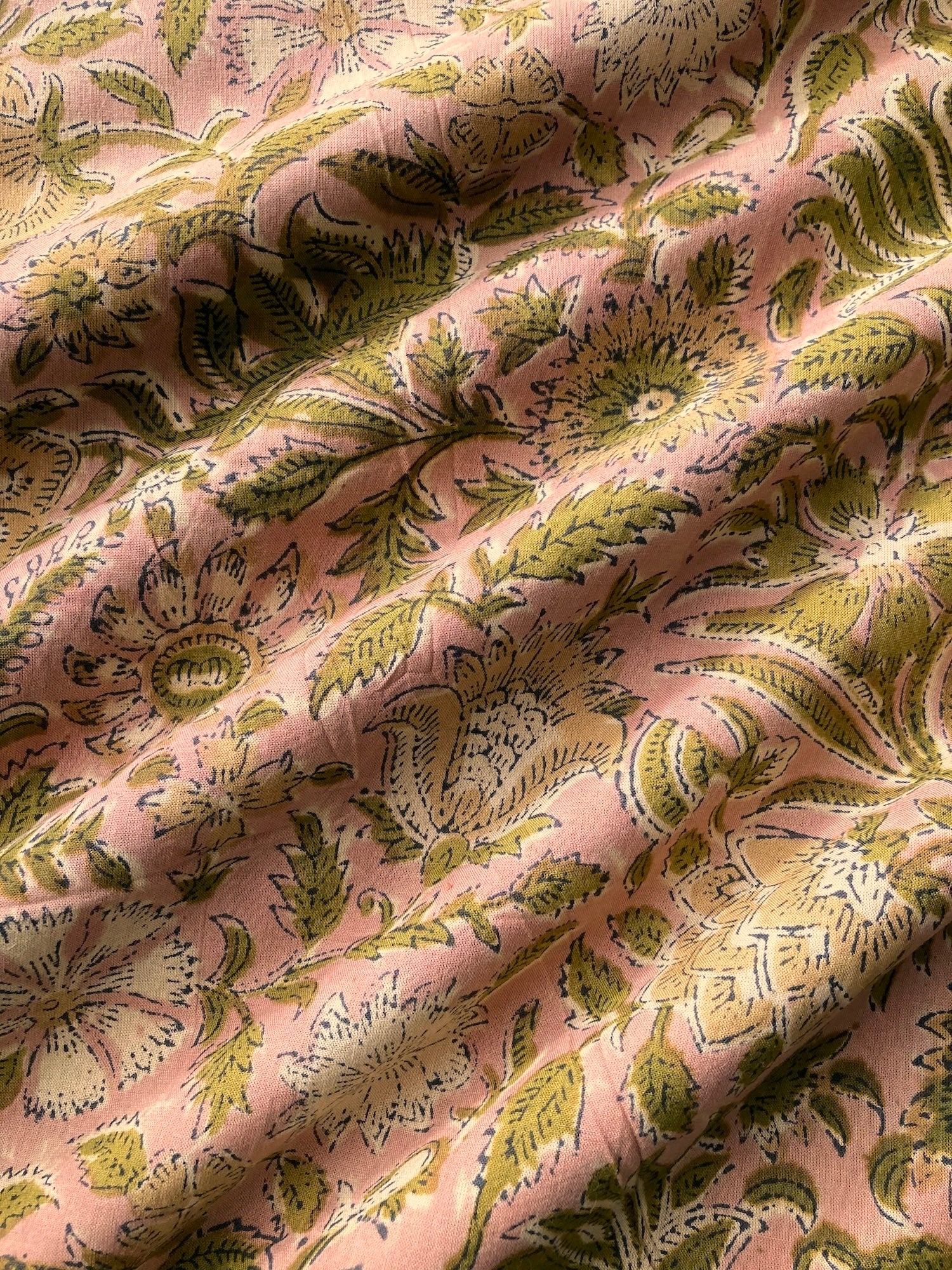 ハンドブロックプリント アンティーク ピンクお花柄 コットン生地 #273