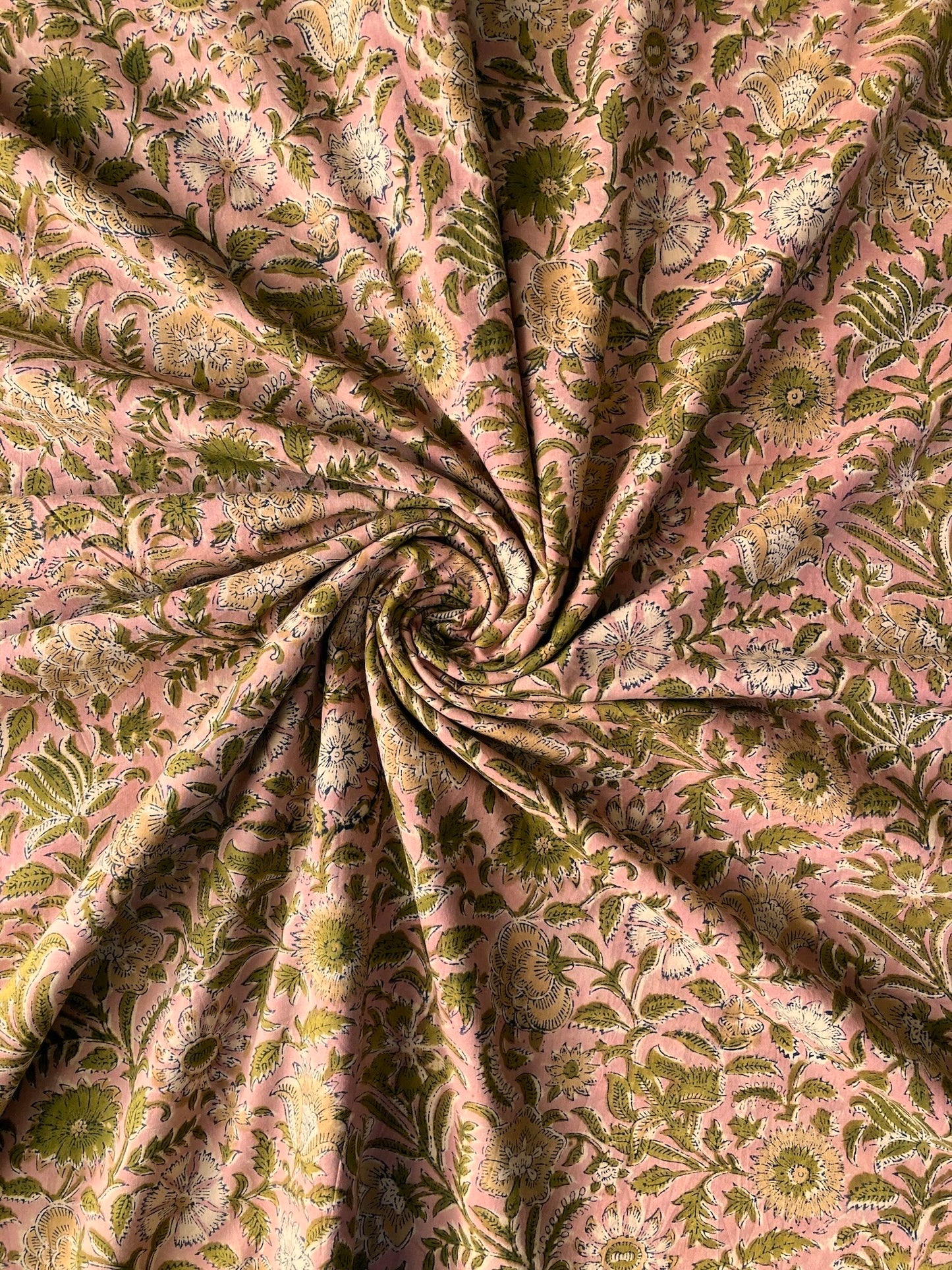 ハンドブロックプリント アンティーク ピンクお花柄 コットン生地 #273-6