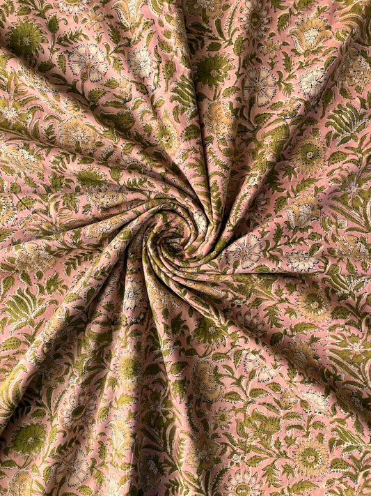 ハンドブロックプリント アンティーク ピンクお花柄 コットン生地 #273-6