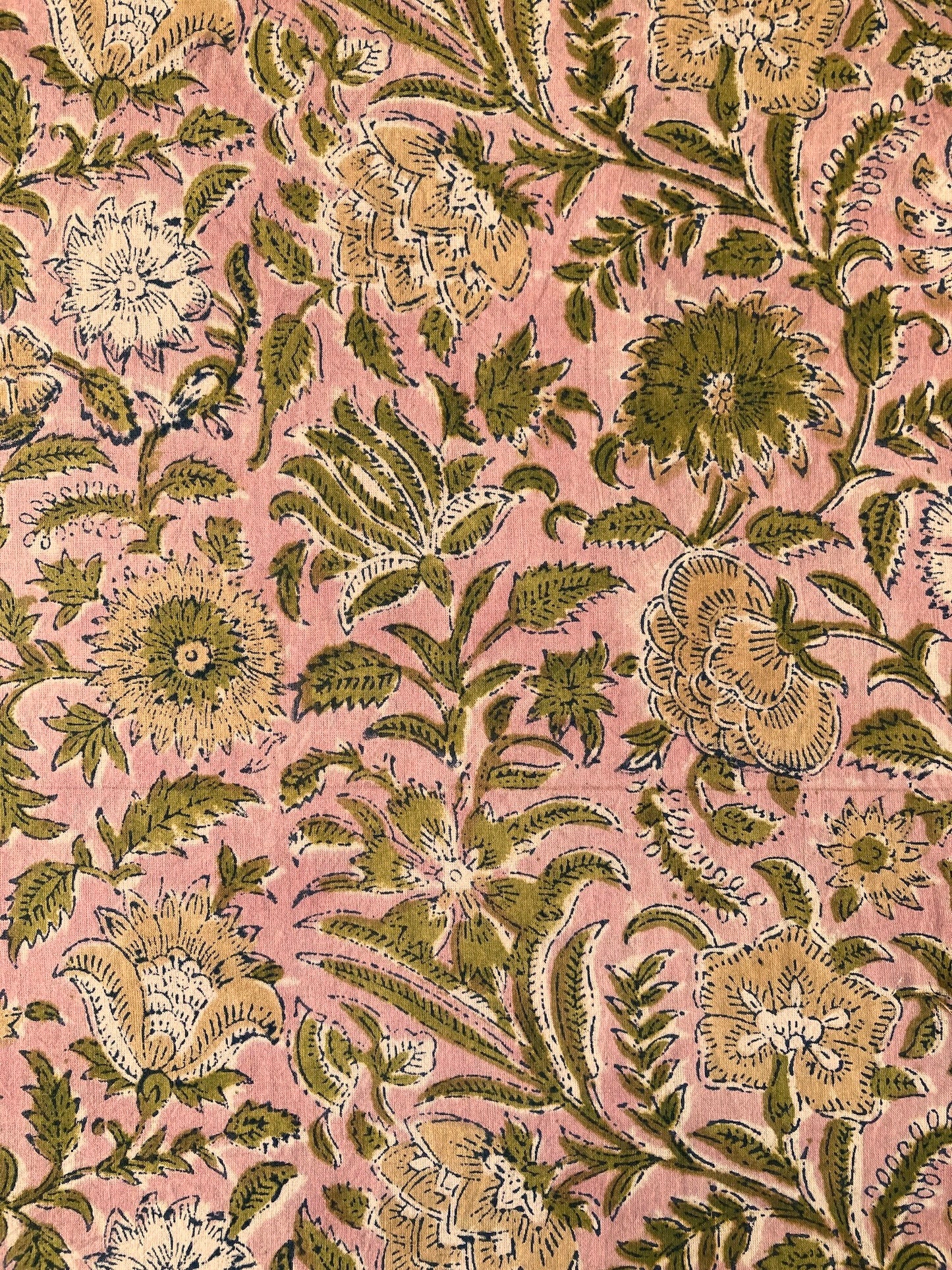 ハンドブロックプリント アンティーク ピンクお花柄 コットン生地 #273-6