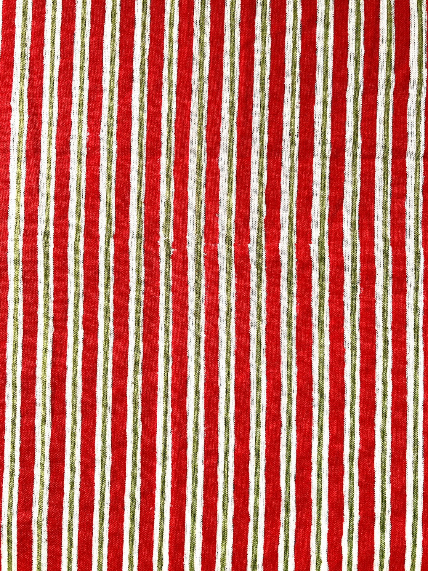 ハンドブロックプリント レッド x グリーン ストライプ コットン生地  #294-12