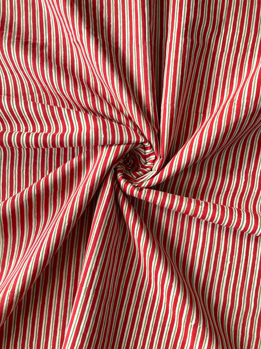 ハンドブロックプリント レッド x グリーン ストライプ コットン生地  #294-12