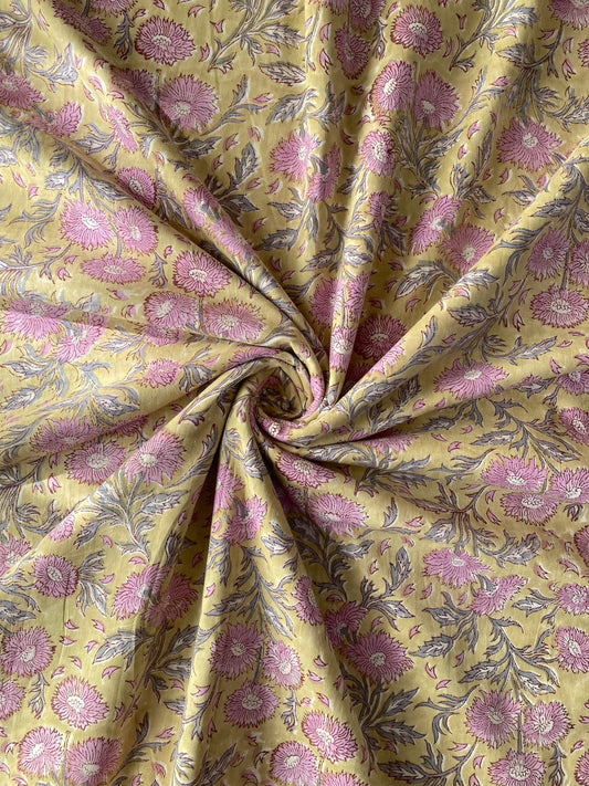 ハンドブロックプリント イエロー 花柄 コットンプリント生地  #294-6