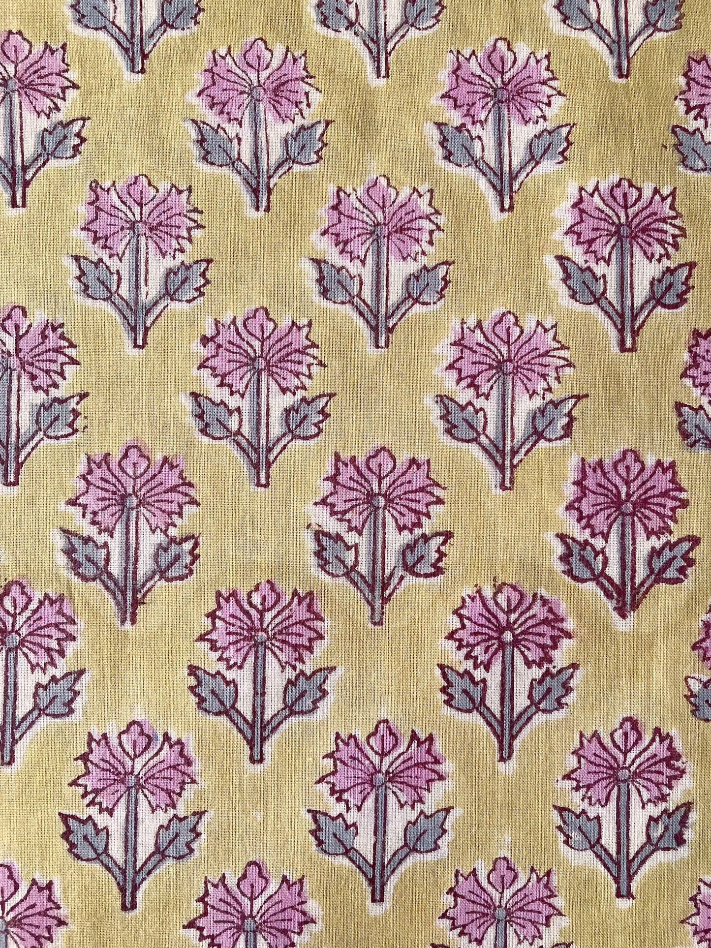 Hand Block Print Yellow Floral Cotton Fabric  #294-11