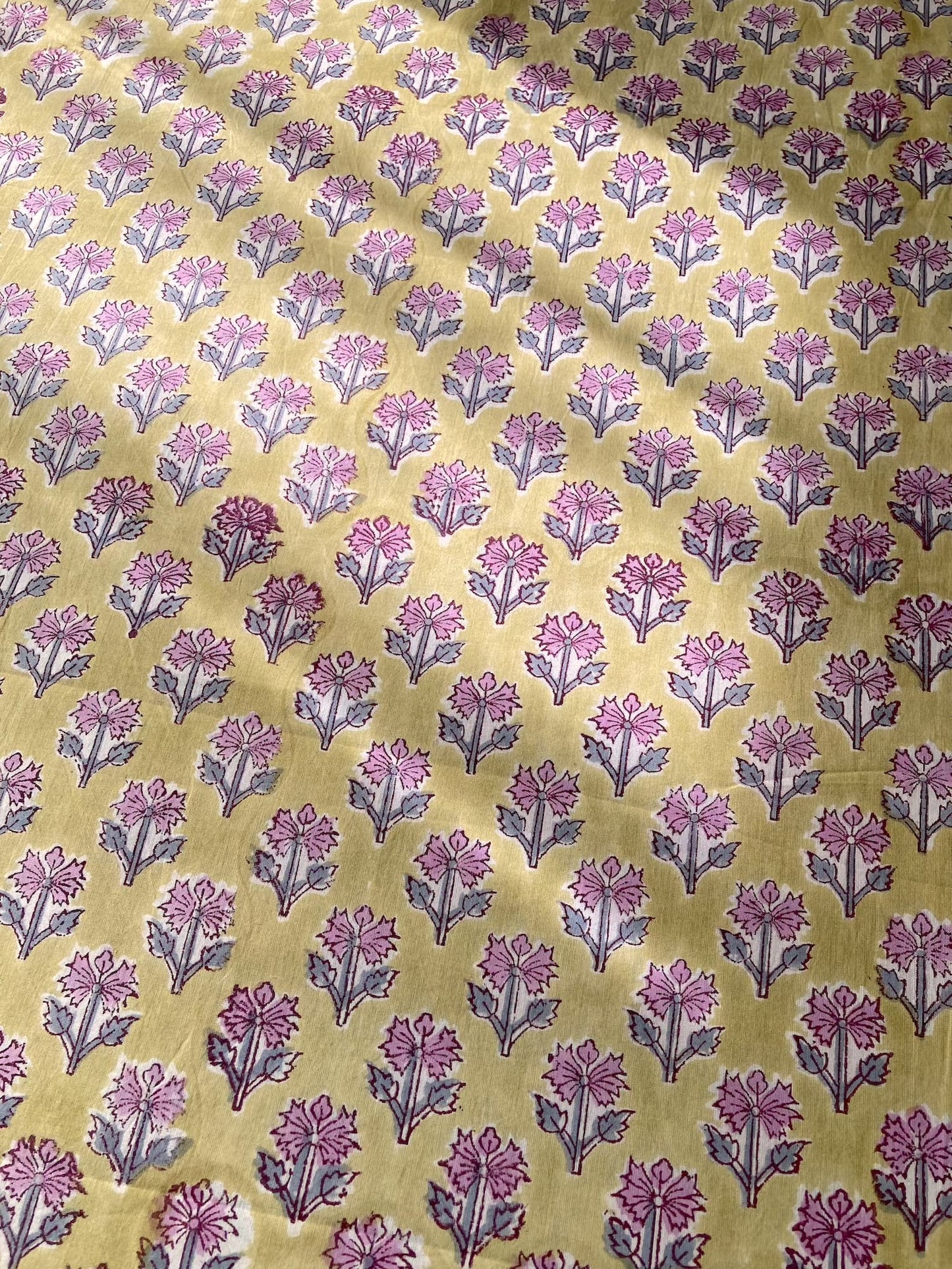 Hand Block Print Yellow Floral Cotton Fabric  #294-11