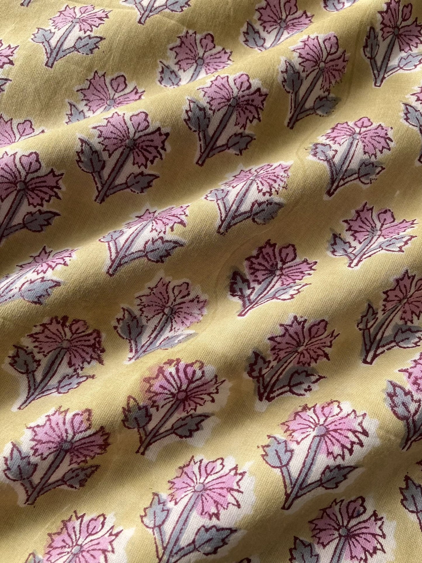 Hand Block Print Yellow Floral Cotton Fabric  #294-11