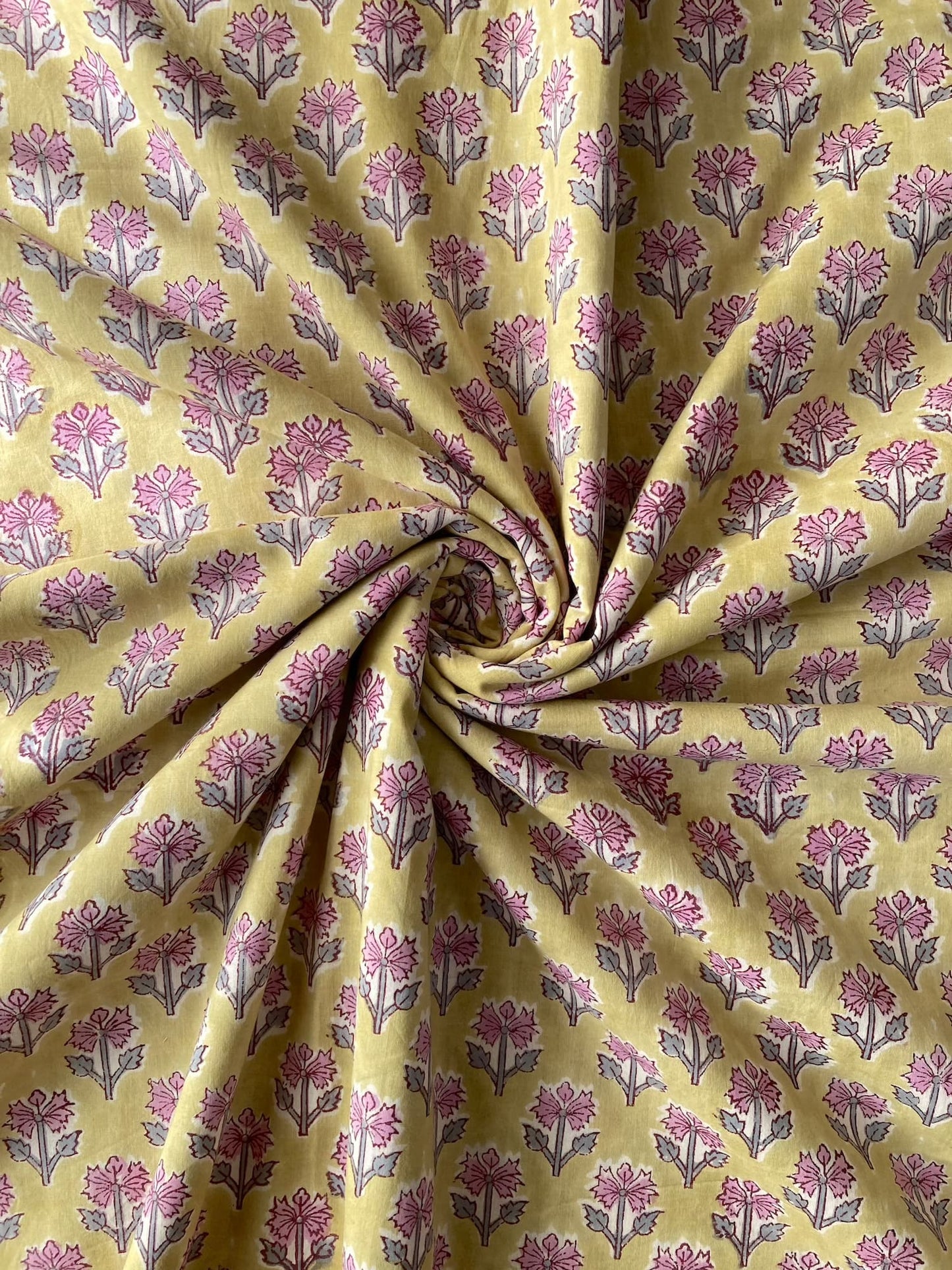 Hand Block Print Yellow Floral Cotton Fabric  #294-11