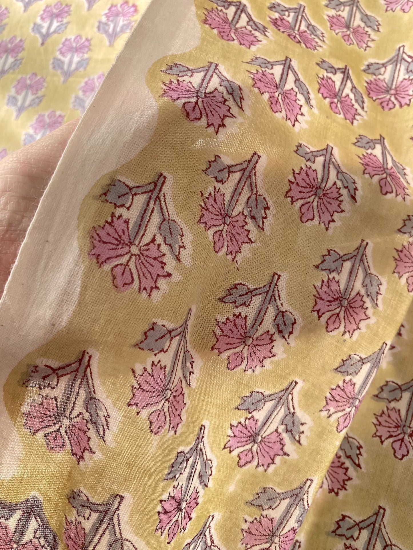 Hand Block Print Yellow Floral Cotton Fabric  #294-11
