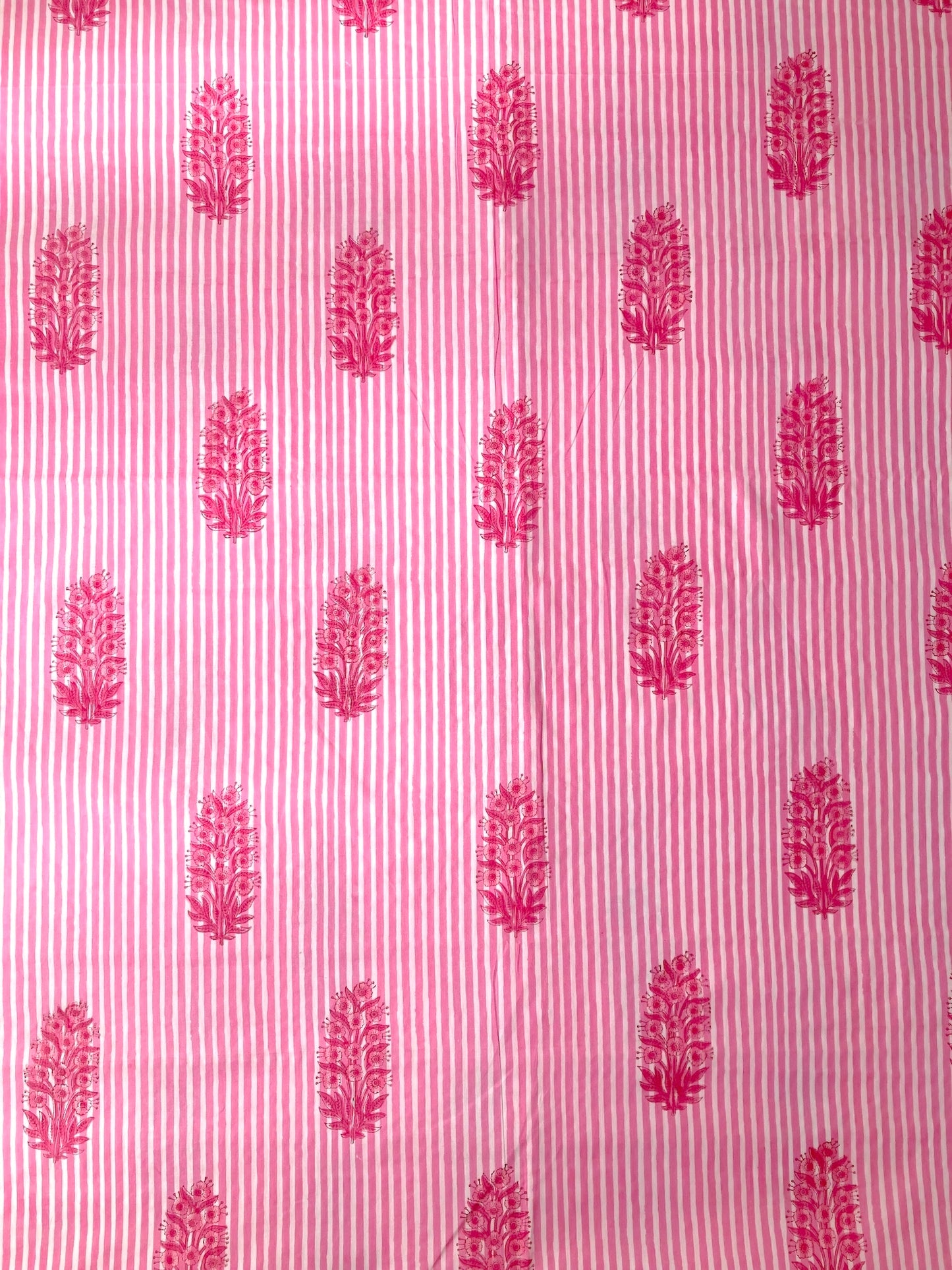 ハンドブロックプリント ピンク ストライプ 花柄 コットンプリント生地  #294-7