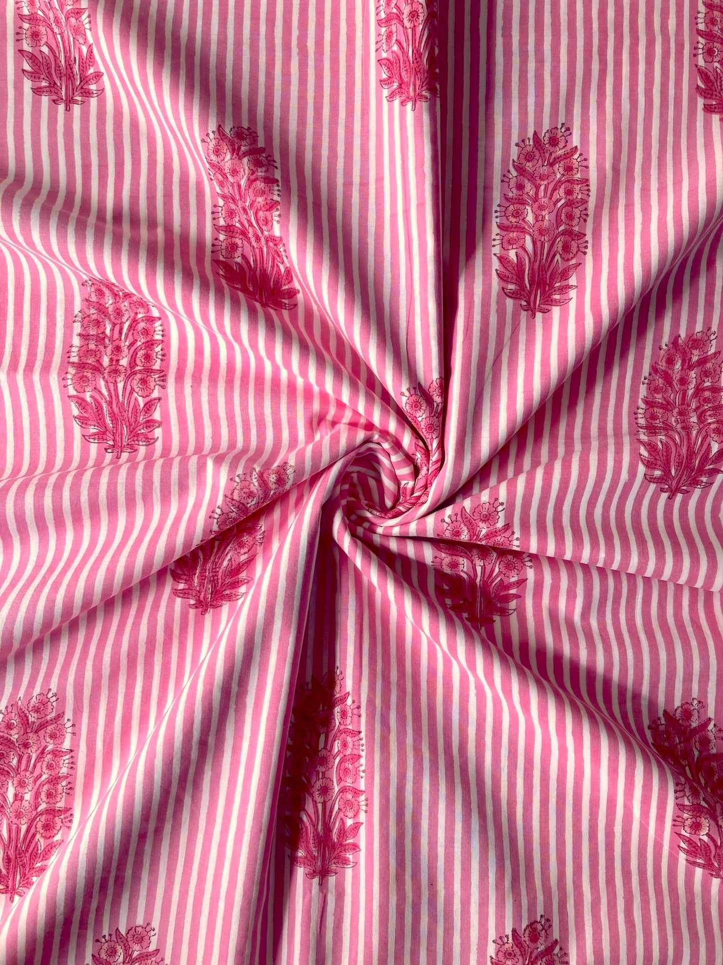 ハンドブロックプリント ピンク ストライプ 花柄 コットンプリント生地  #294-7