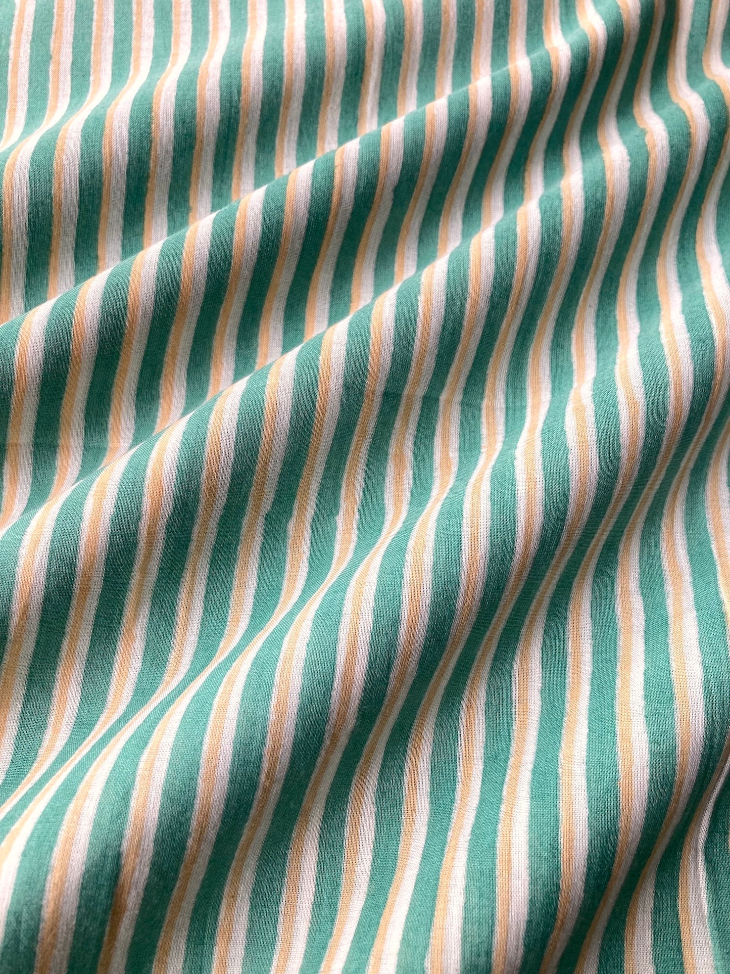 ハンドブロックプリント グリーン x ベージュ ストライプ コットン生地  #294-8