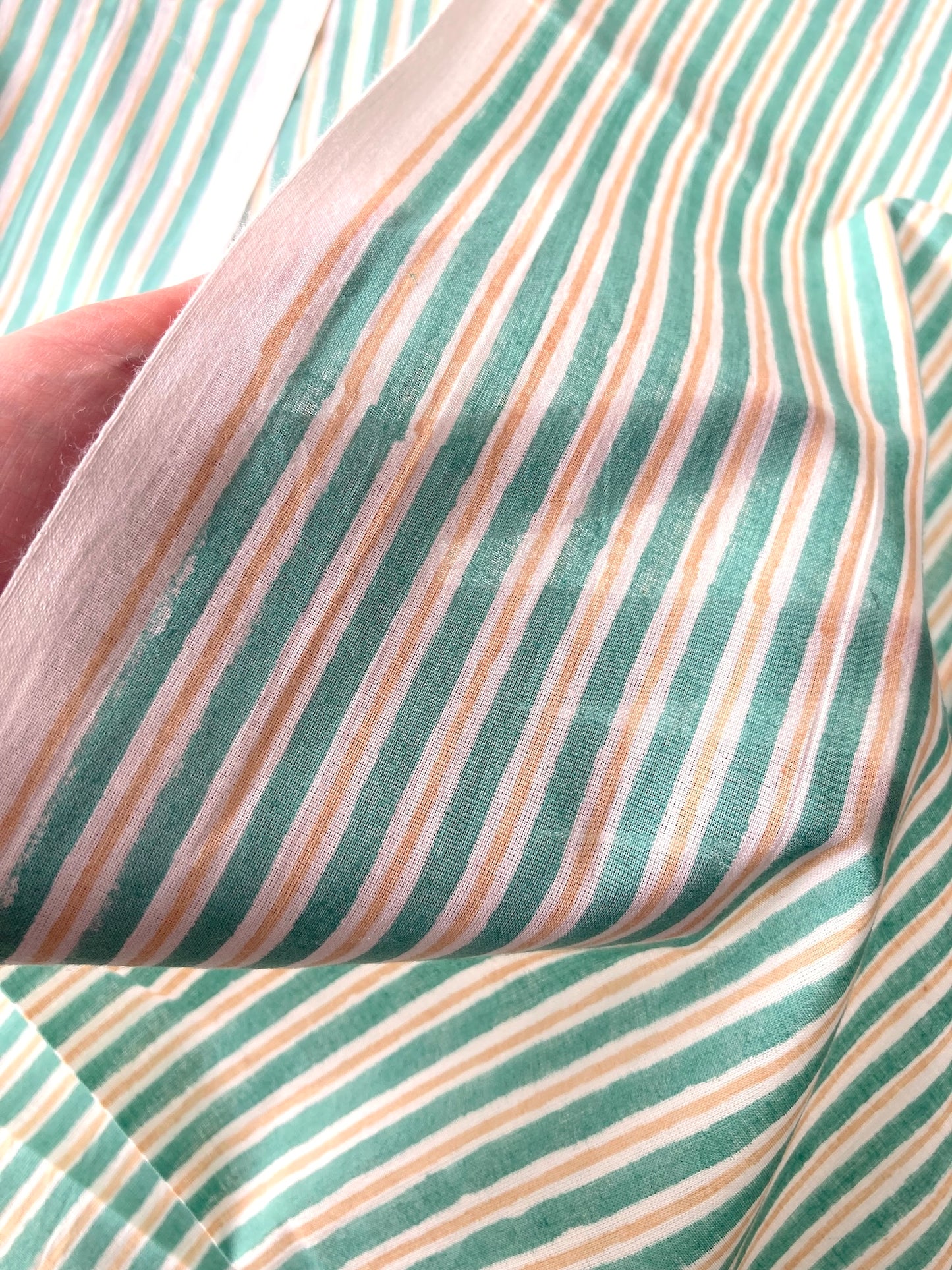 ハンドブロックプリント グリーン x ベージュ ストライプ コットン生地  #294-8