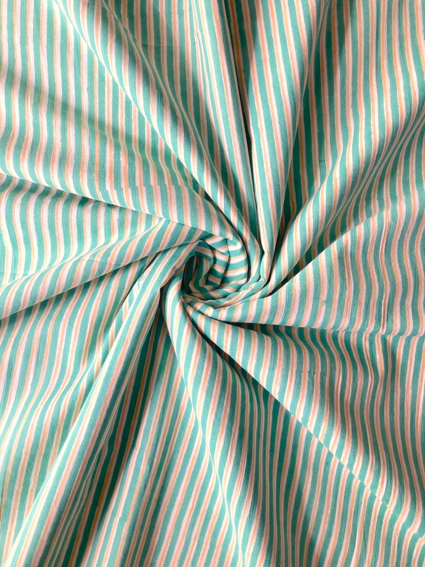 ハンドブロックプリント グリーン x ベージュ ストライプ コットン生地  #294-8