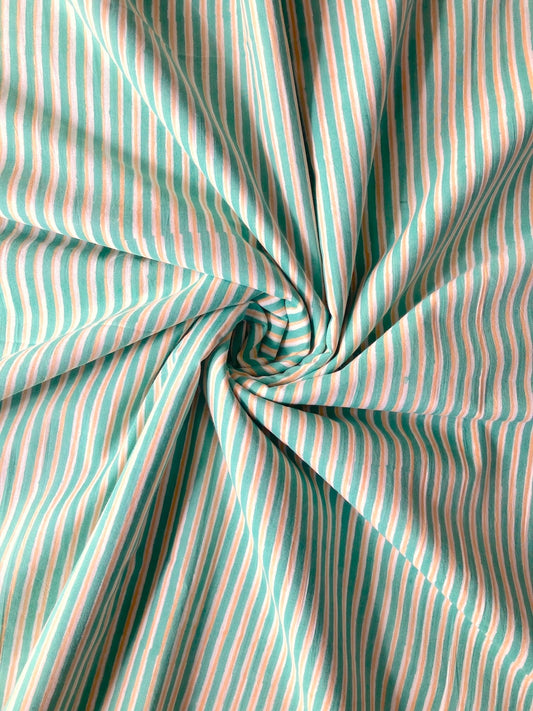 ハンドブロックプリント グリーン x ベージュ ストライプ コットン生地  #294-8