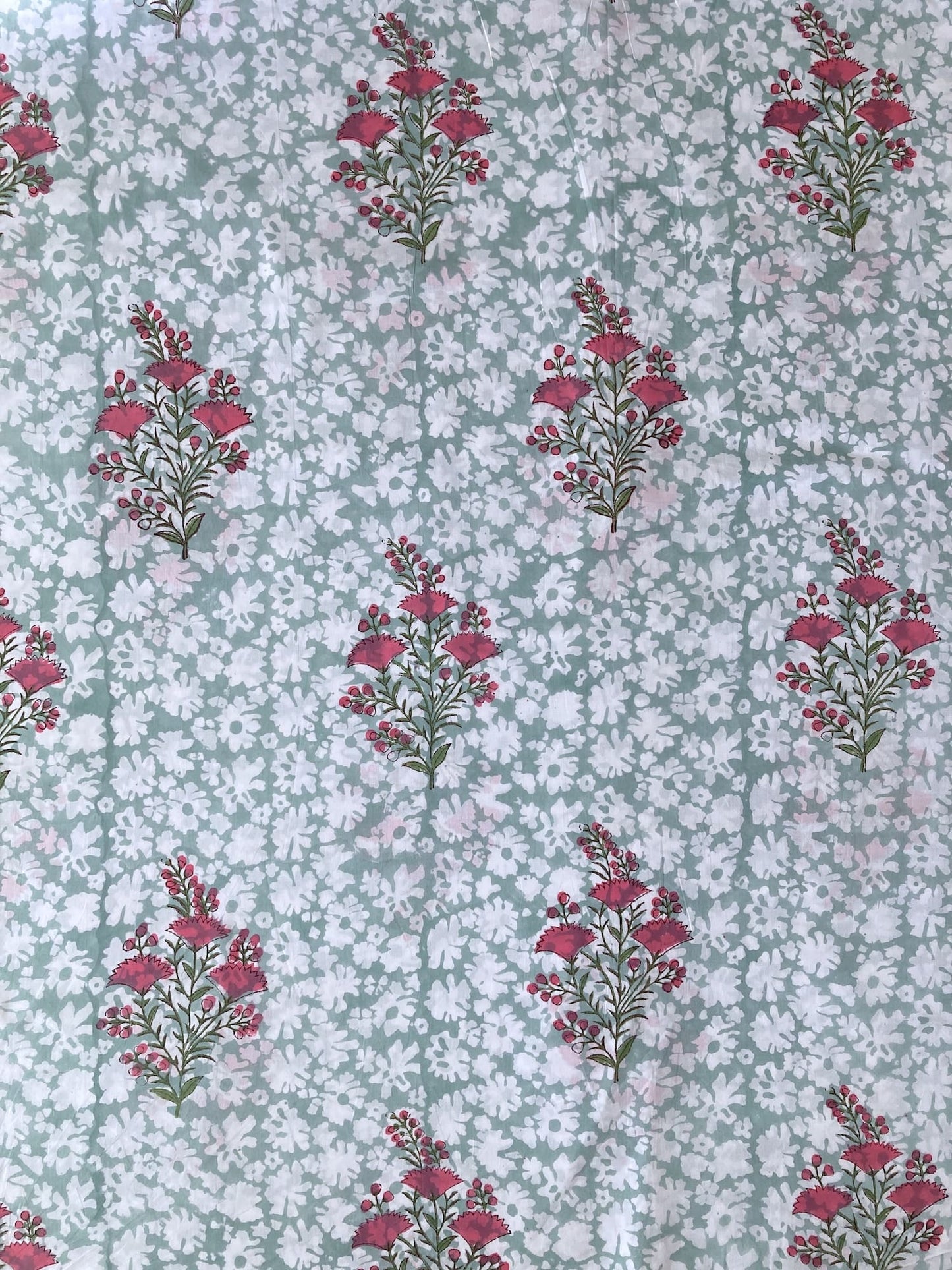 Hand Block Print Aqua Blue x Pink Flower Cotton Fabric  #294-9