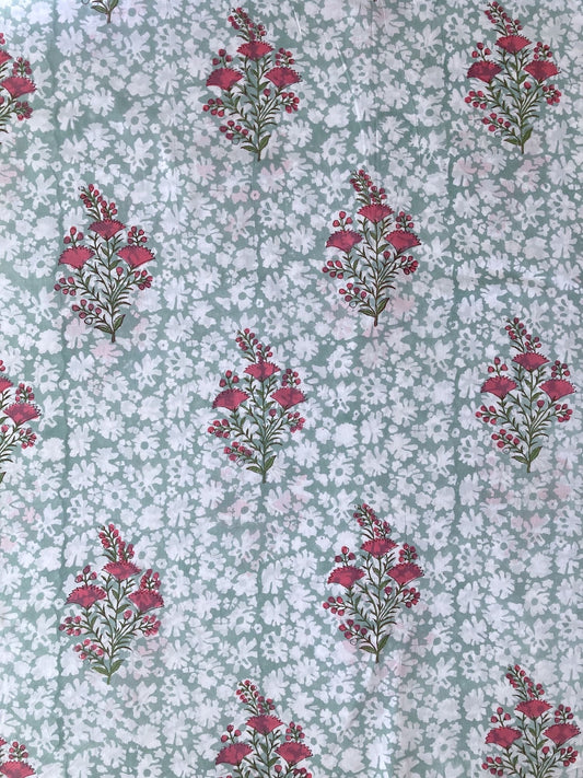 Hand Block Print Aqua Blue x Pink Flower Cotton Fabric  #294-9