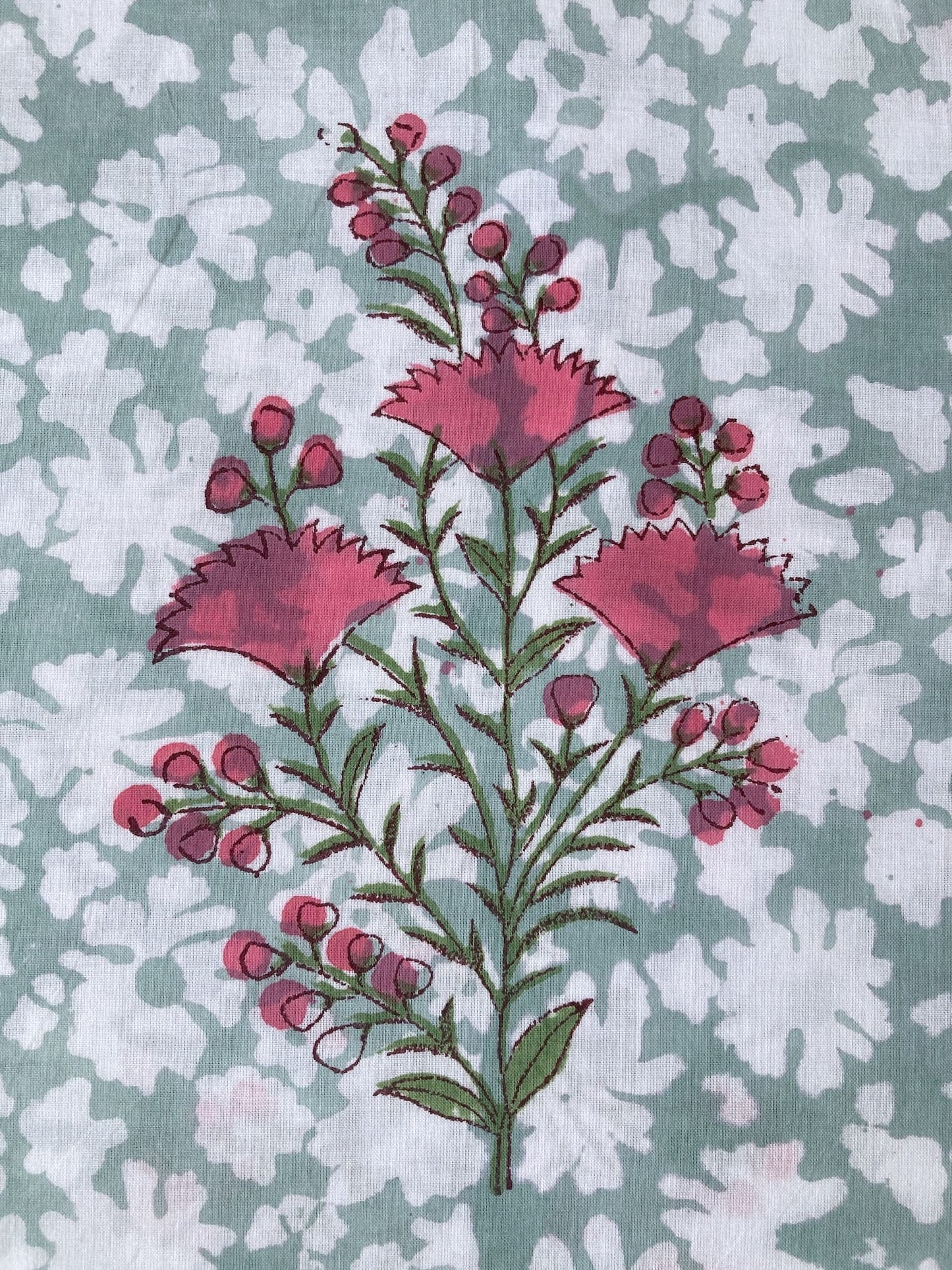 Hand Block Print Aqua Blue x Pink Flower Cotton Fabric  #294-9