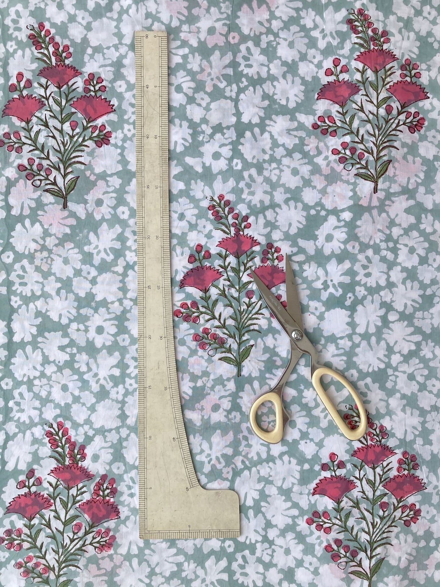 Hand Block Print Aqua Blue x Pink Flower Cotton Fabric  #294-9