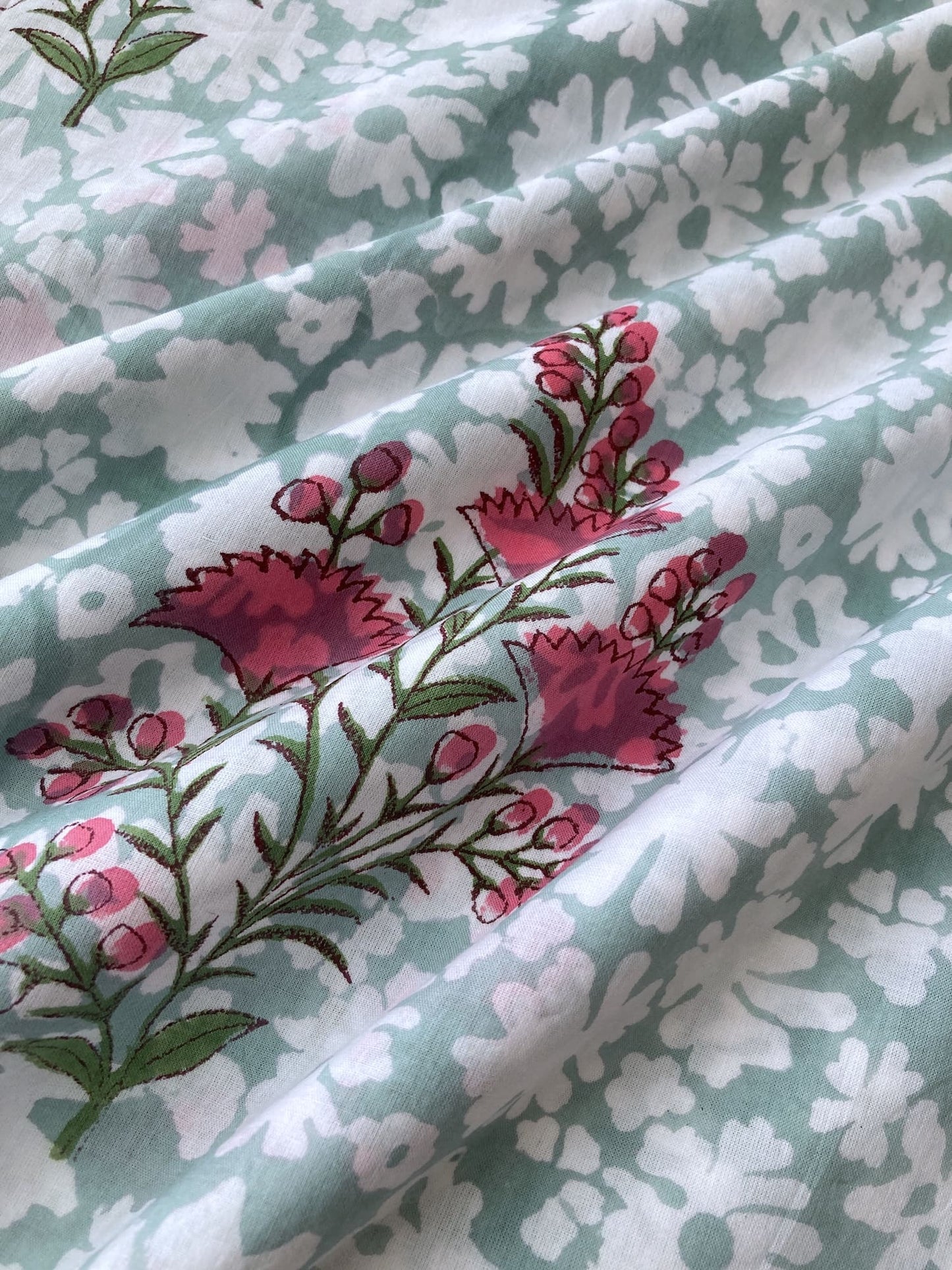 Hand Block Print Aqua Blue x Pink Flower Cotton Fabric  #294-9