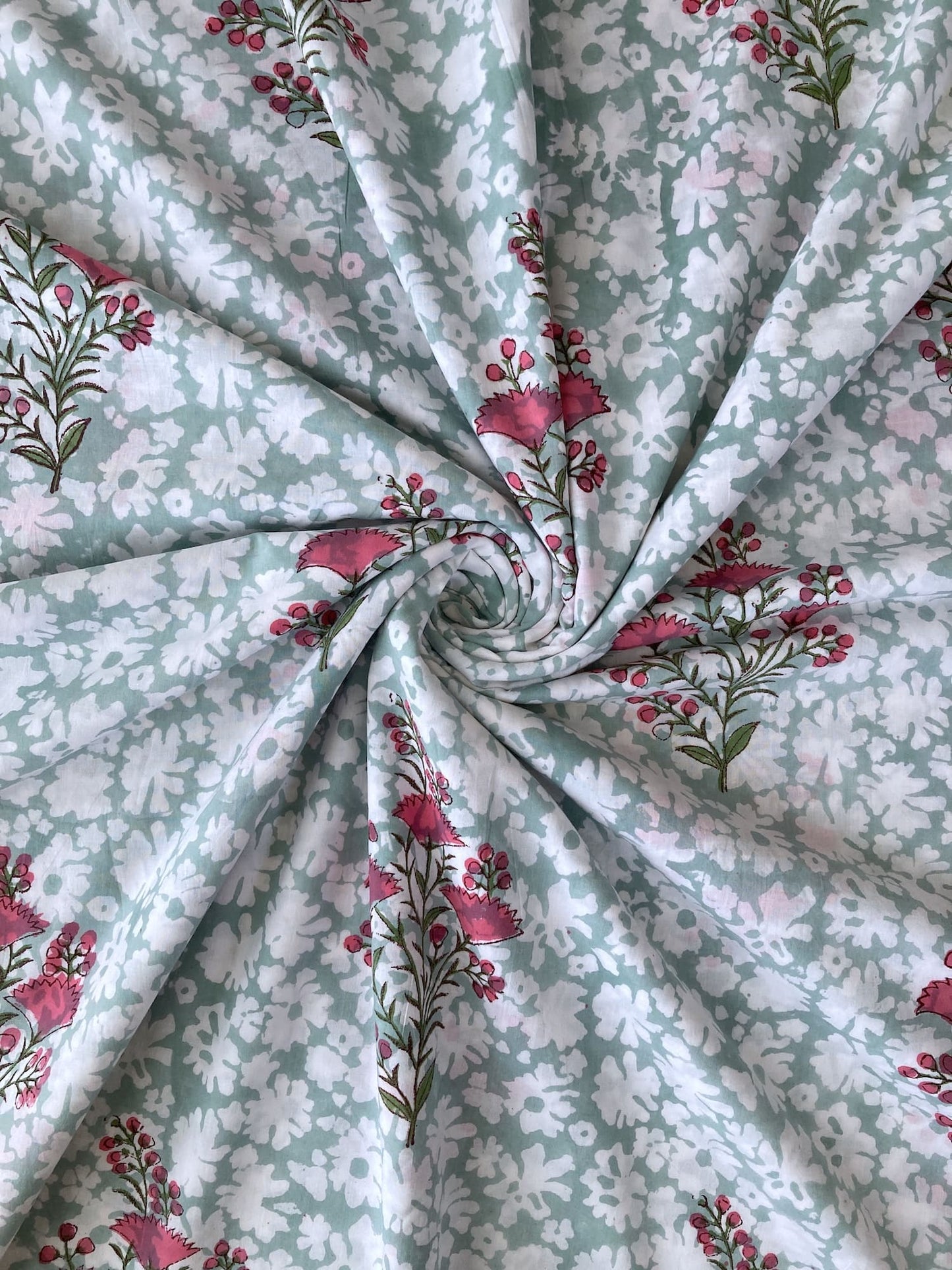 Hand Block Print Aqua Blue x Pink Flower Cotton Fabric  #294-9