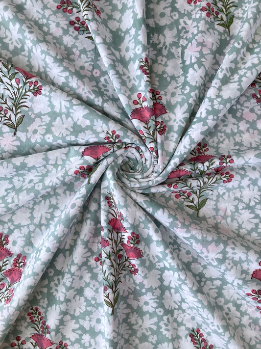 Hand Block Print Aqua Blue x Pink Flower Cotton Fabric  #294-9