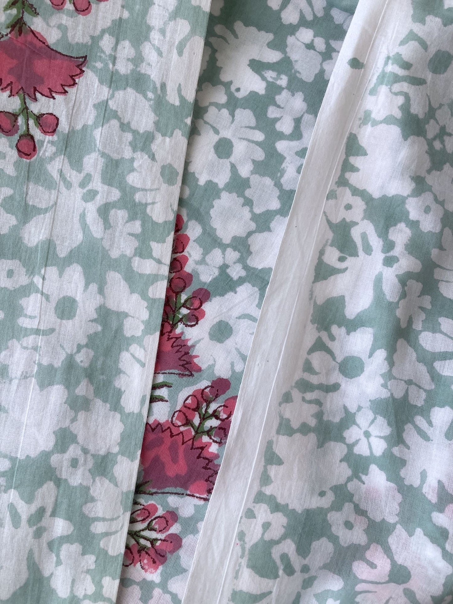 Hand Block Print Aqua Blue x Pink Flower Cotton Fabric  #294-9