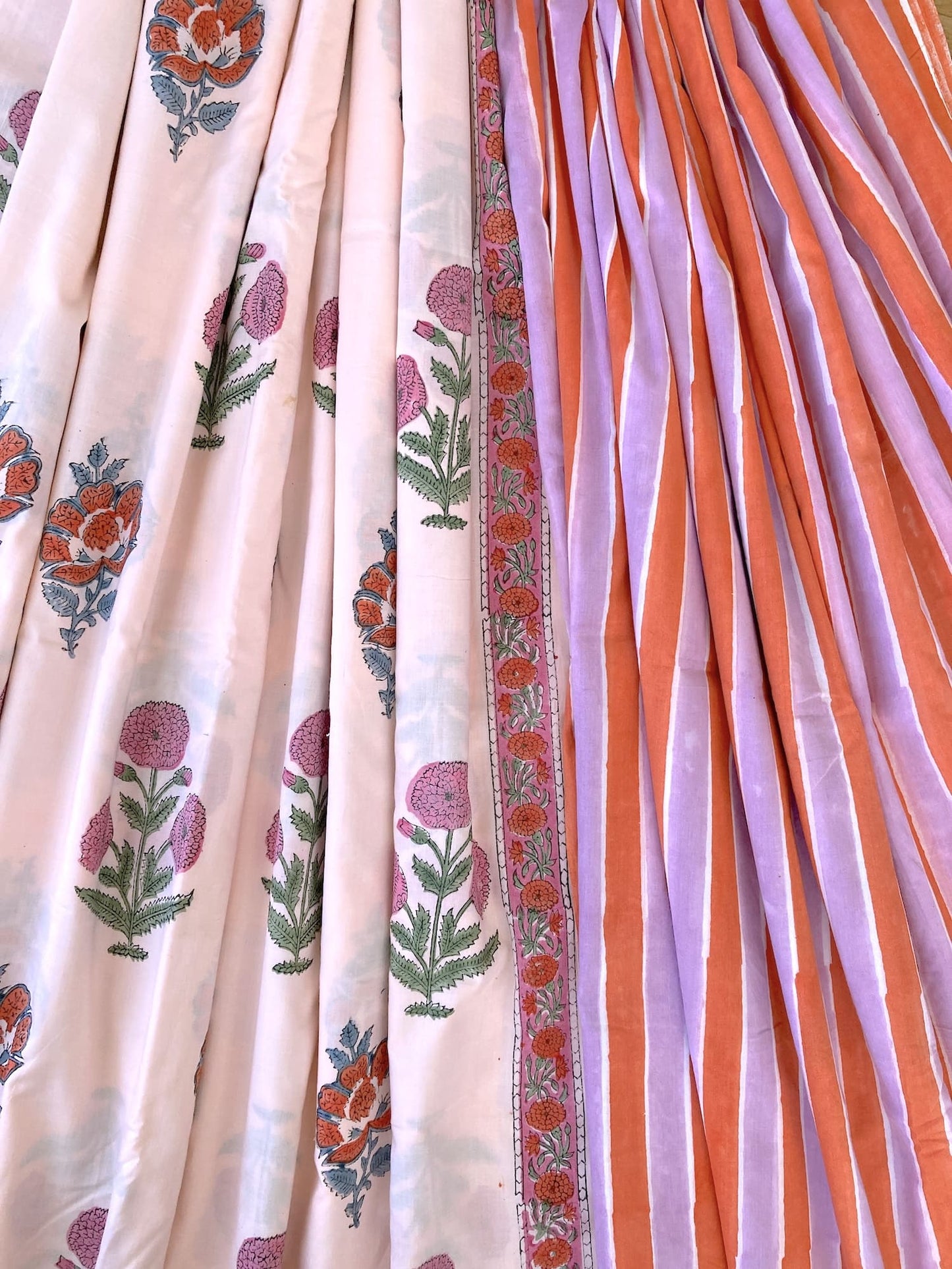 Hand Block Print Orange x Lilac Stripes Cotton Fabric  #299-11
