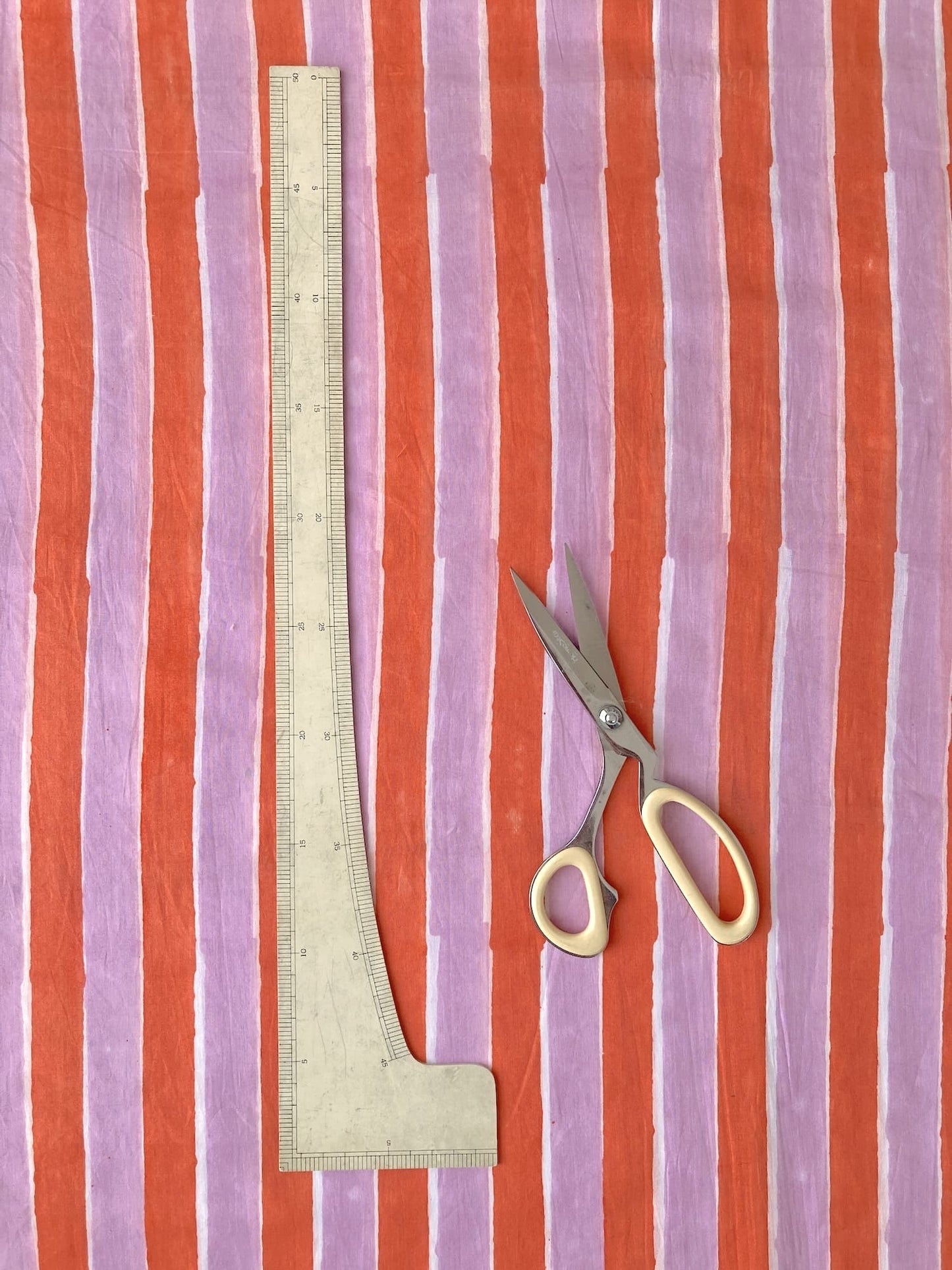 Hand Block Print Orange x Lilac Stripes Cotton Fabric  #299-11