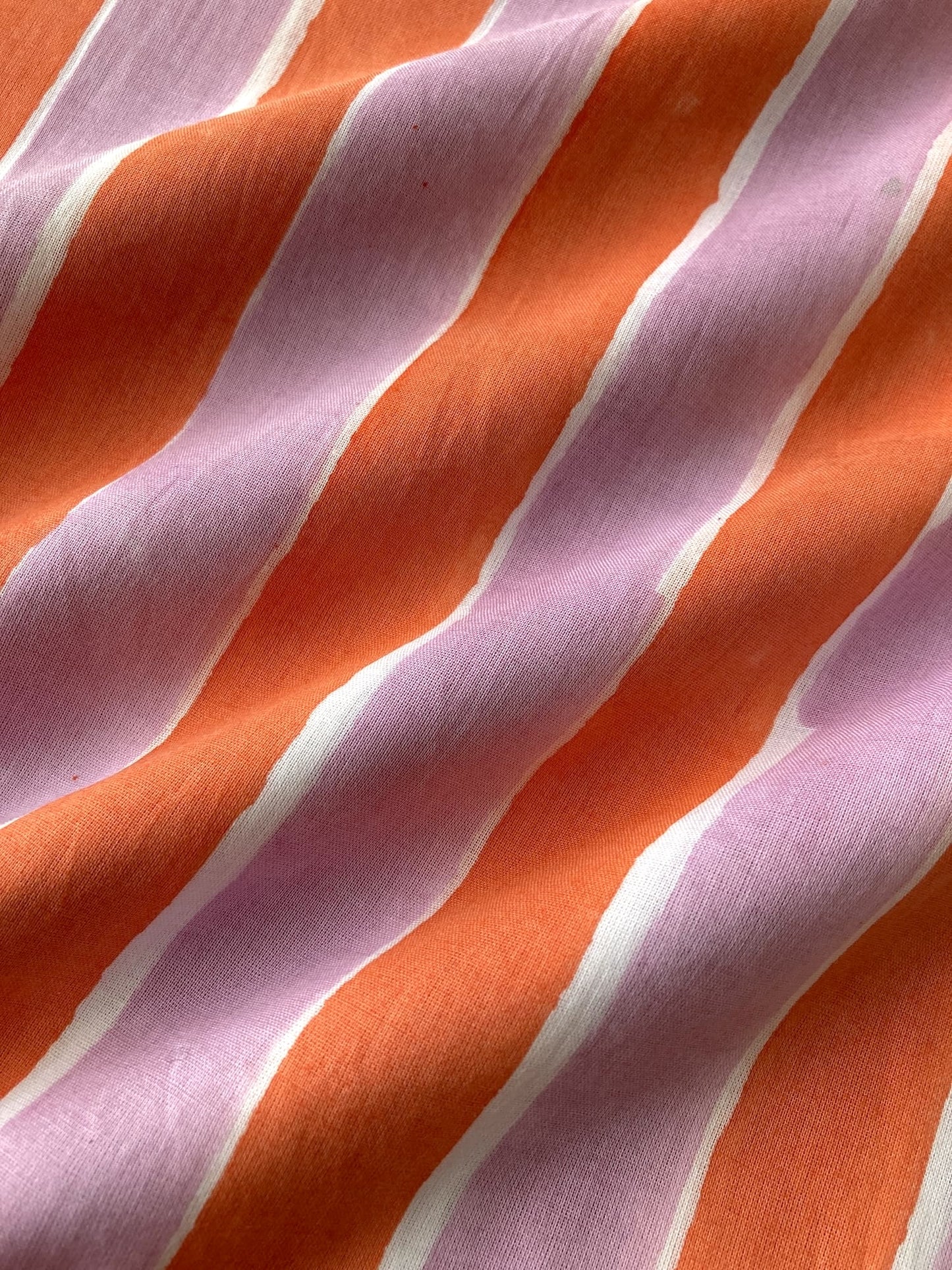 Hand Block Print Orange x Lilac Stripes Cotton Fabric  #299-11