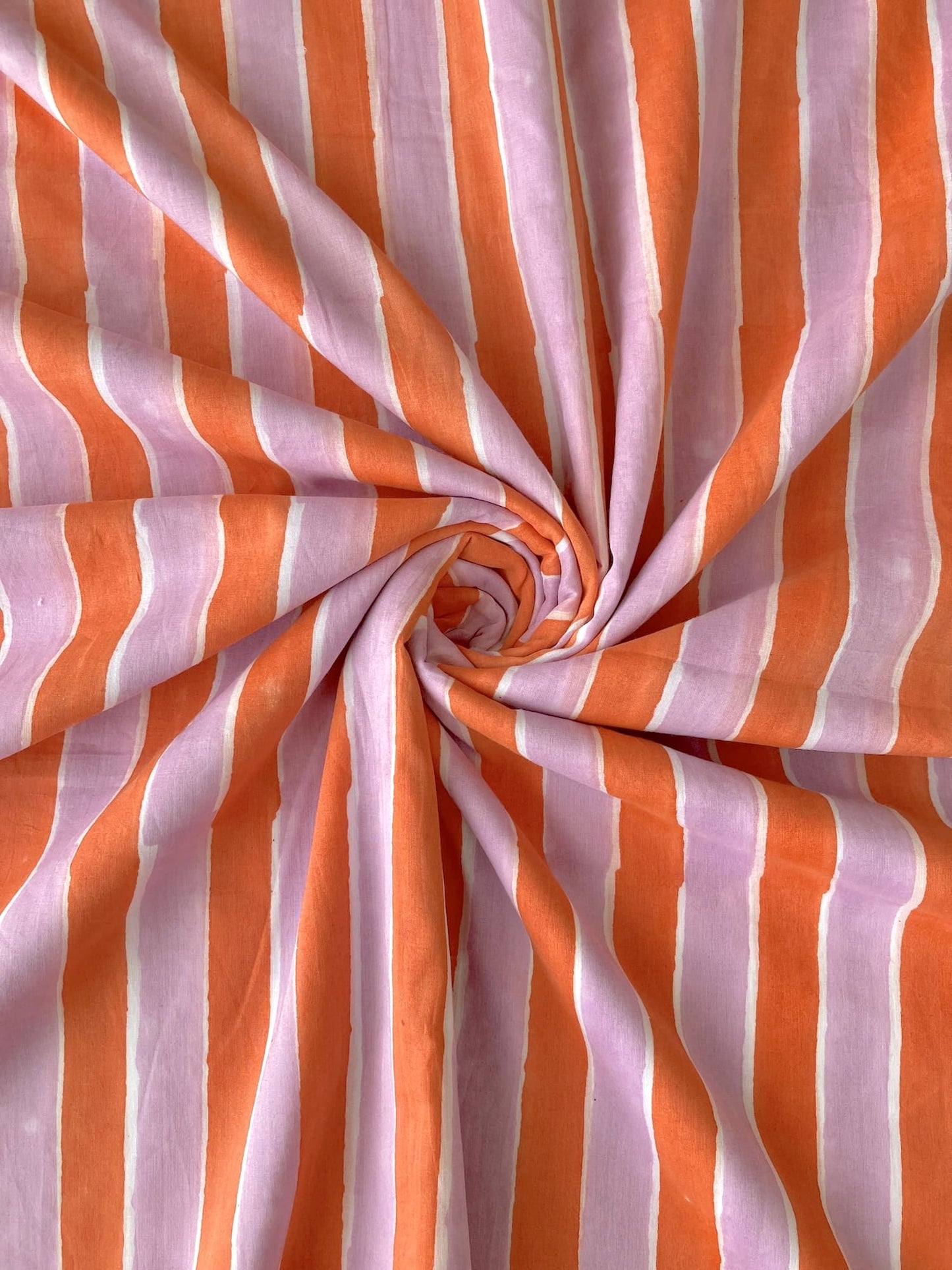 Hand Block Print Orange x Lilac Stripes Cotton Fabric  #299-11