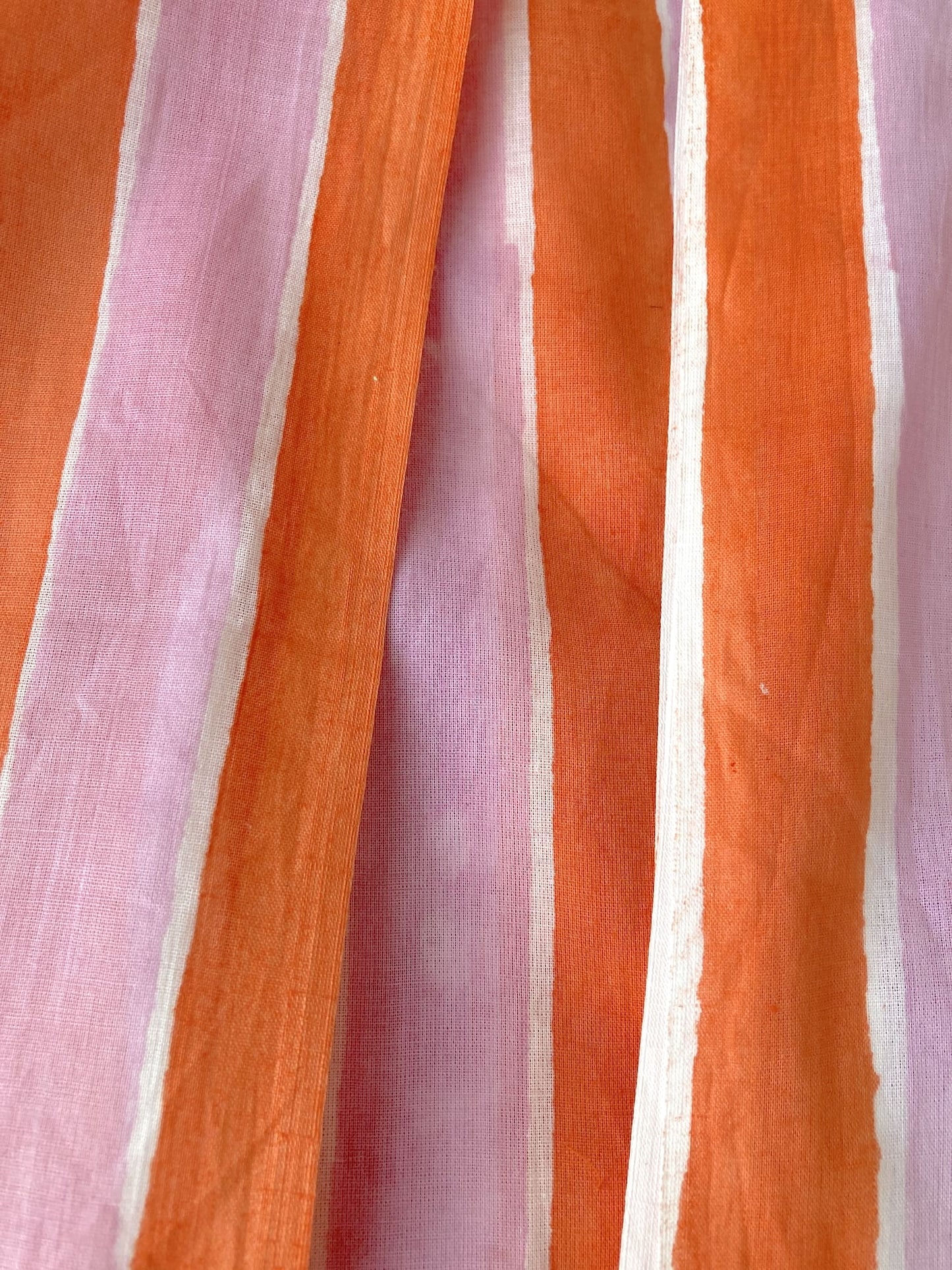 Hand Block Print Orange x Lilac Stripes Cotton Fabric  #299-11