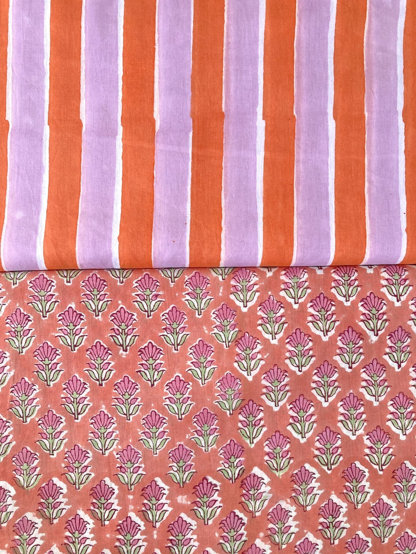 Hand Block Print Orange x Lilac Stripes Cotton Fabric  #299-11