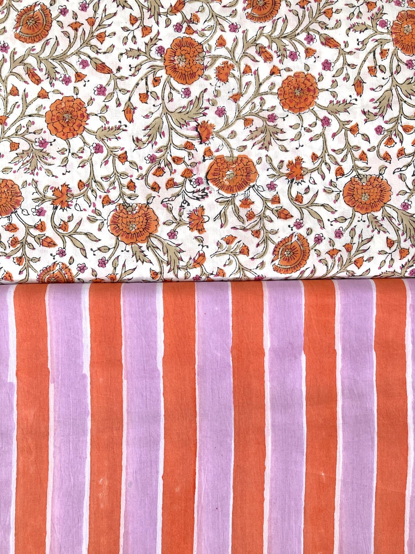 Hand Block Print Orange x Lilac Stripes Cotton Fabric  #299-11