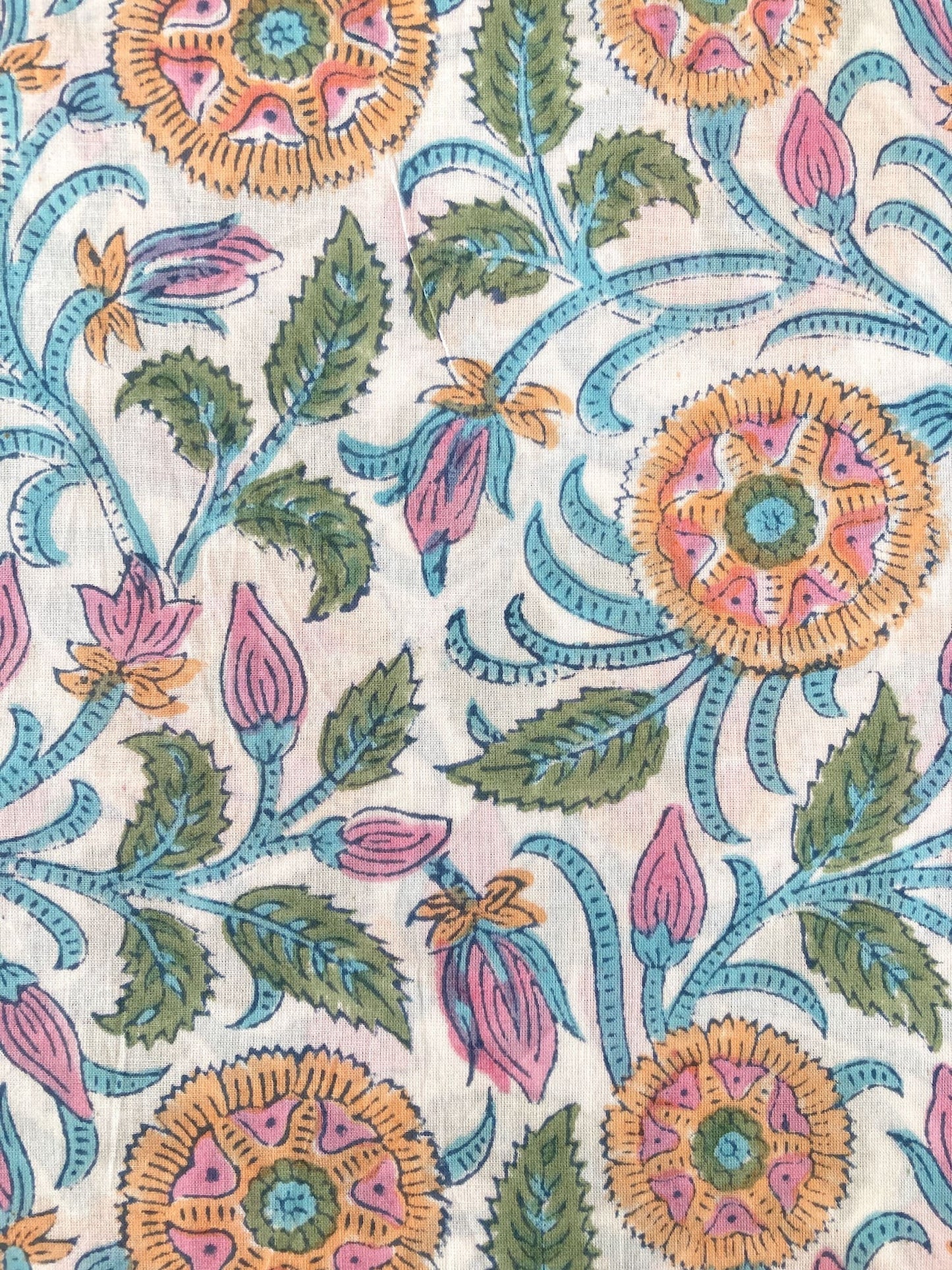 Hand Block Floral Print White Cotton Fabric  #299-13