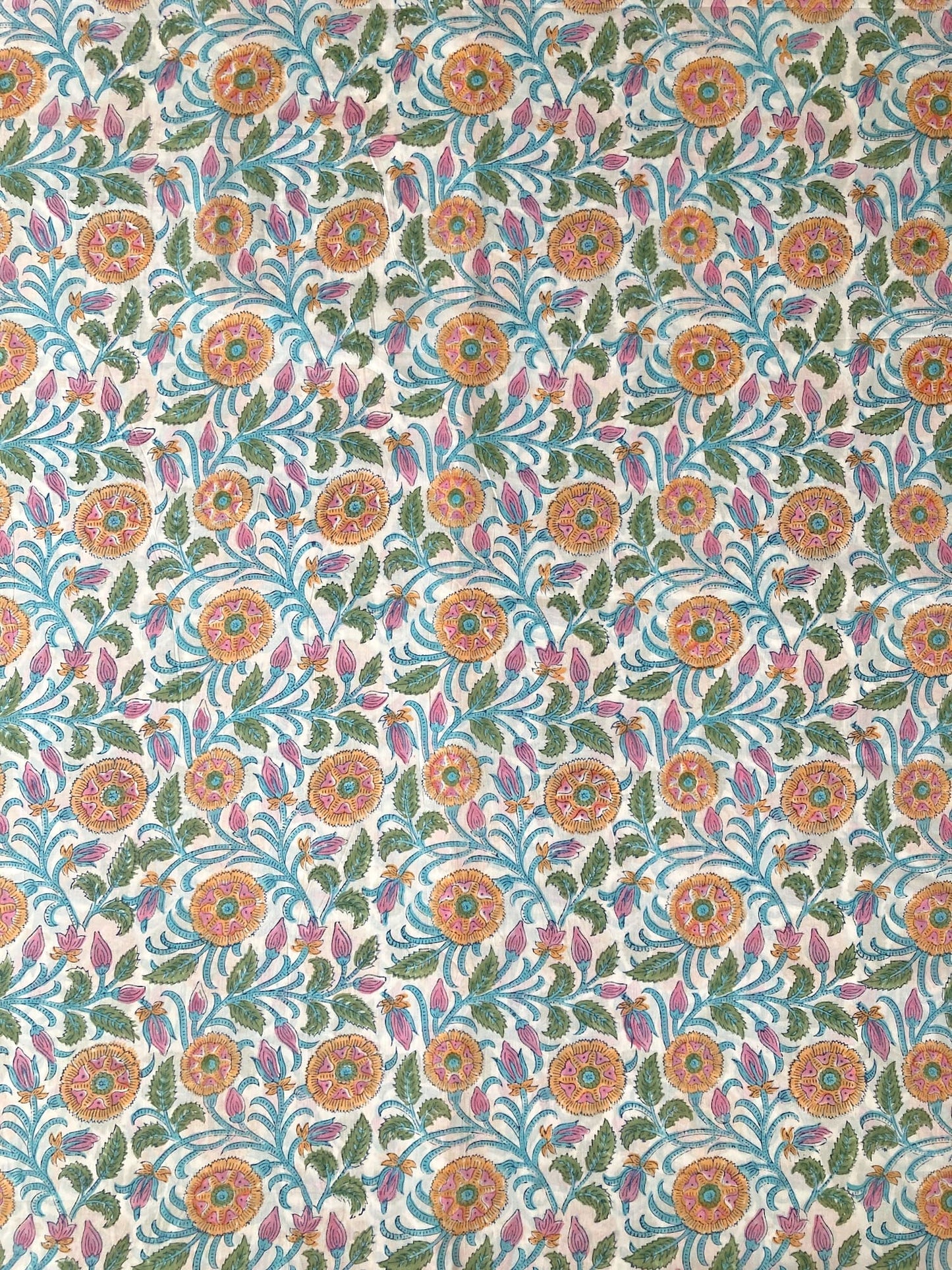 Hand Block Floral Print White Cotton Fabric  #299-13