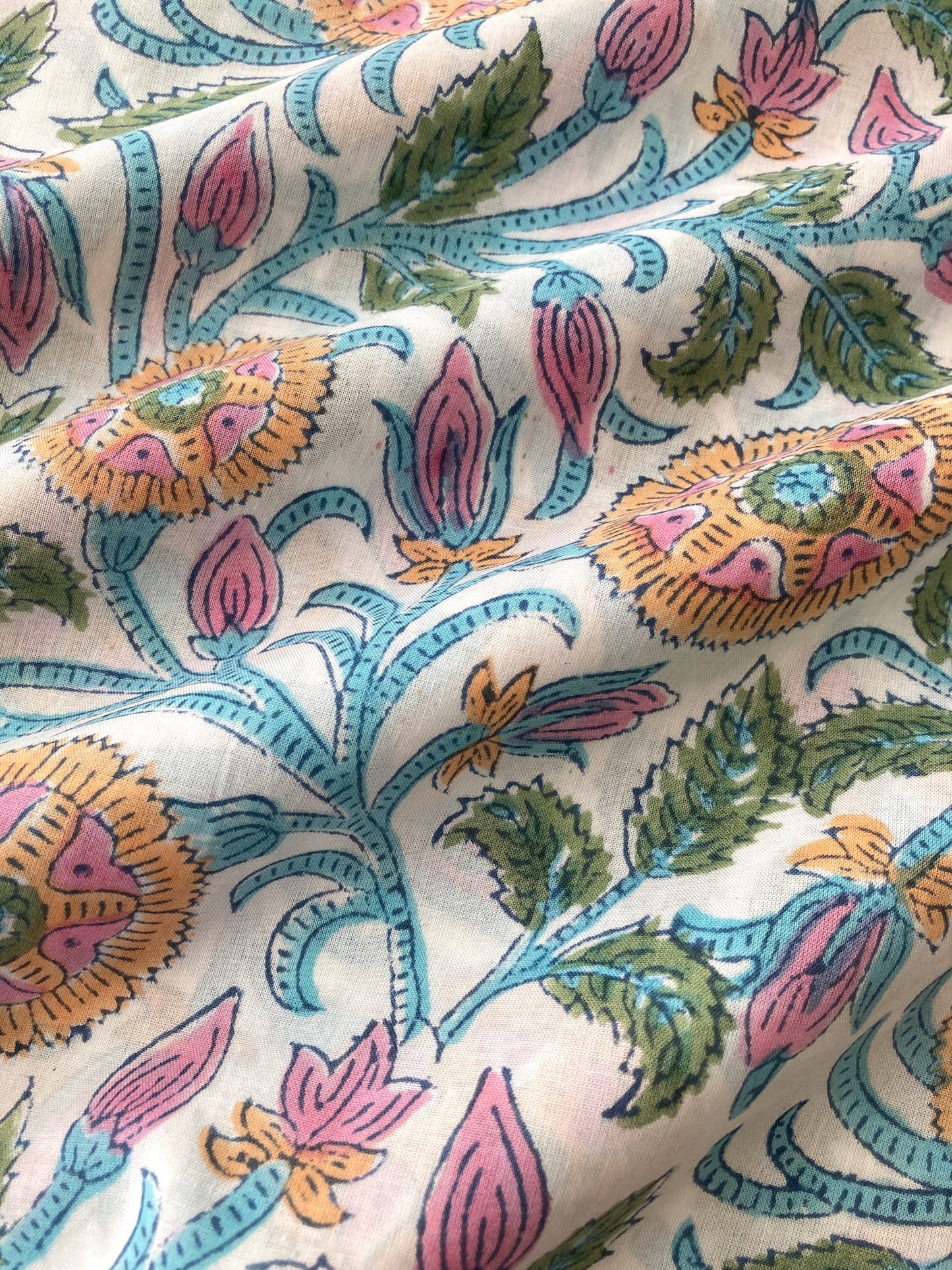 Hand Block Floral Print White Cotton Fabric  #299-13