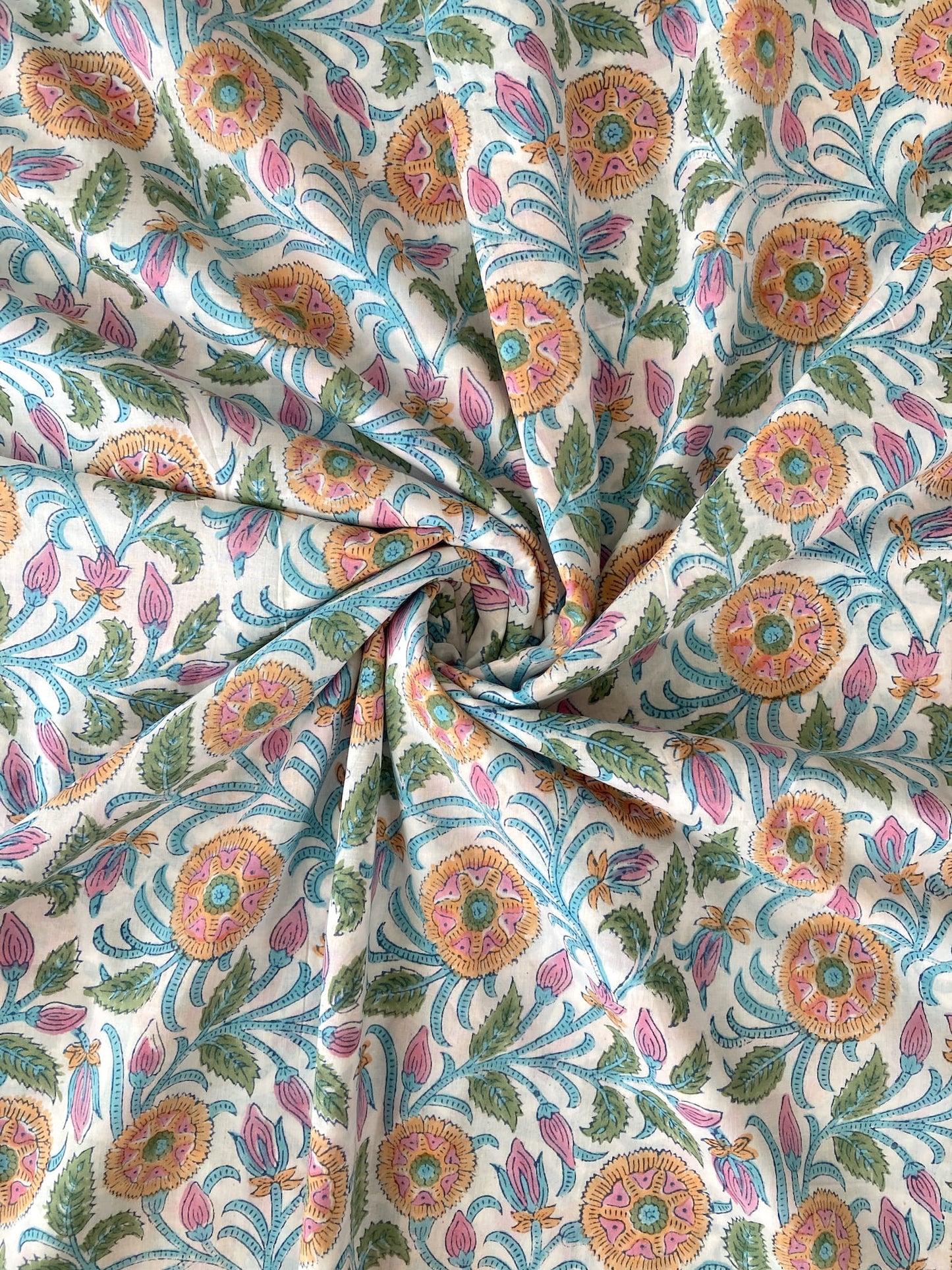 Hand Block Floral Print White Cotton Fabric  #299-13