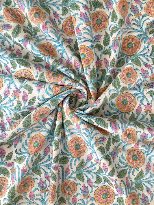 Hand Block Floral Print White Cotton Fabric  #299-13