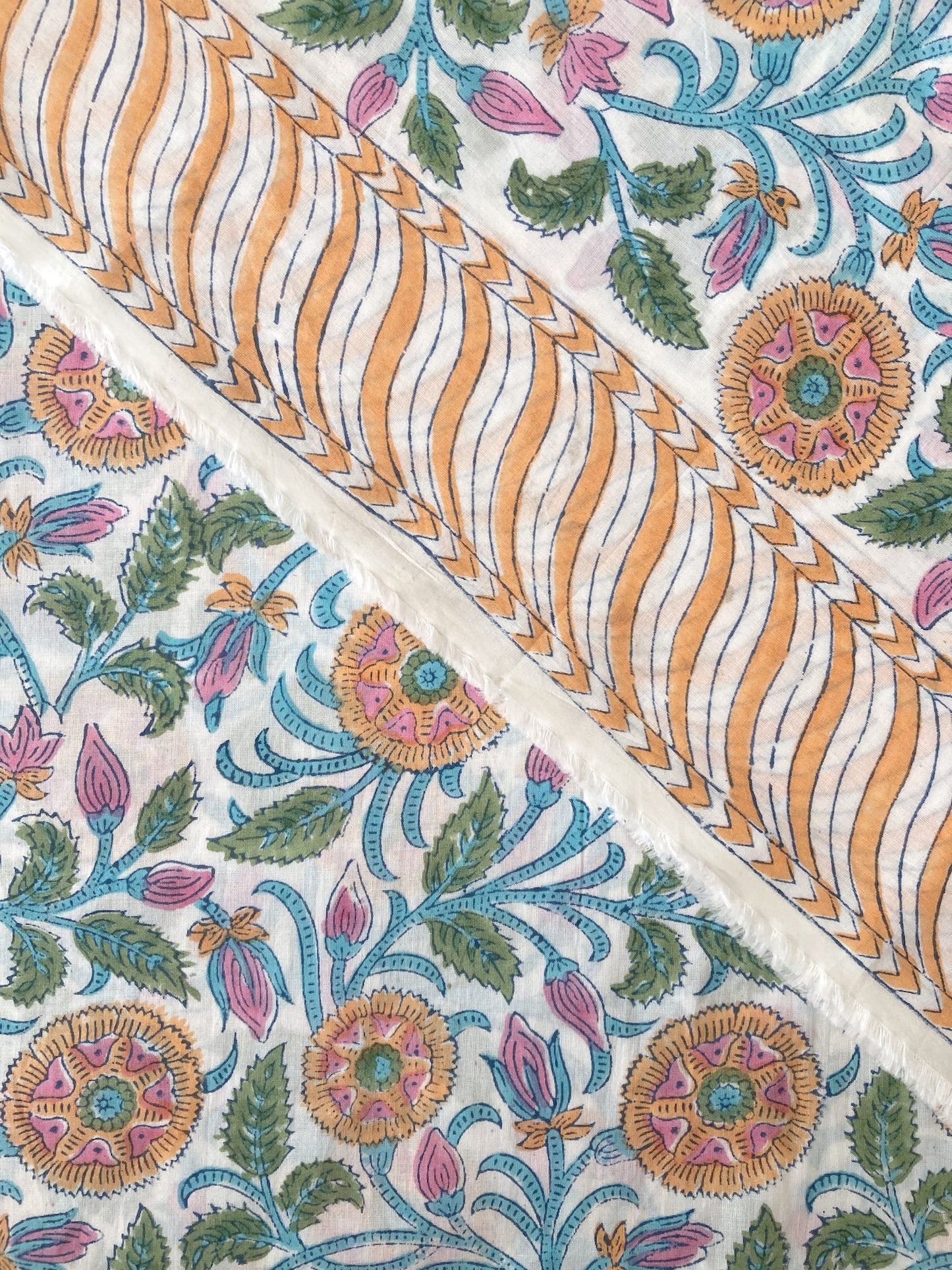 Hand Block Floral Print White Cotton Fabric  #299-13