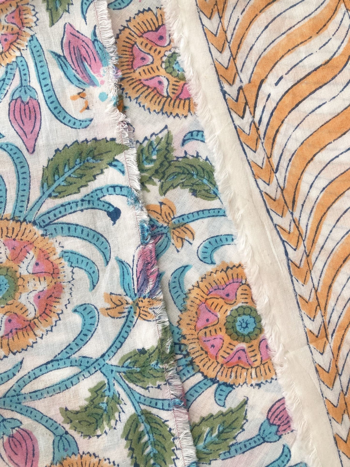 Hand Block Floral Print White Cotton Fabric  #299-13