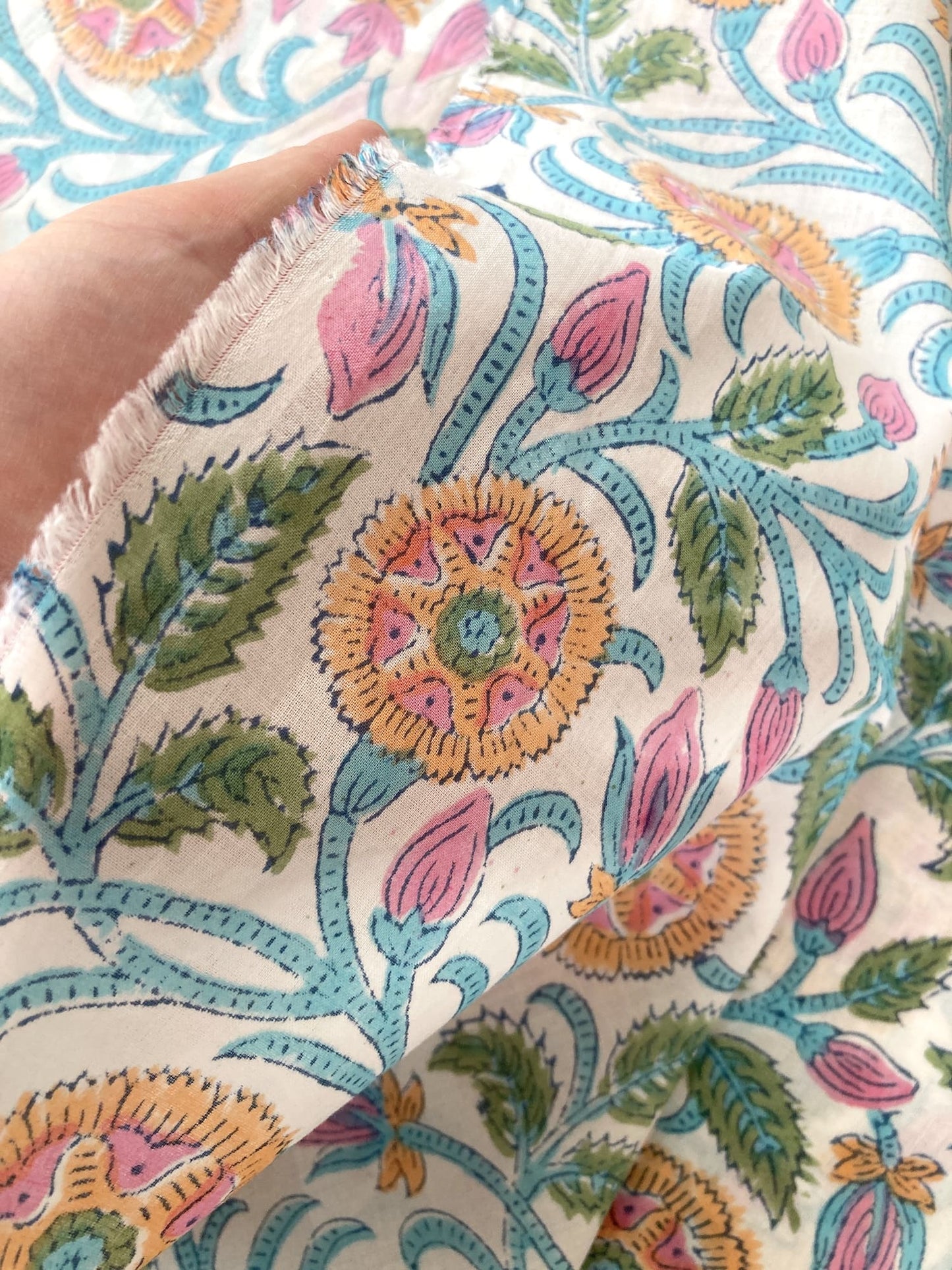 Hand Block Floral Print White Cotton Fabric  #299-13