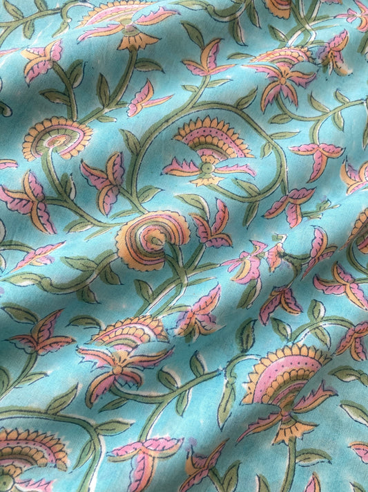 Hand Block Floral Print Aqua Blue Cotton Fabric  #3299-14