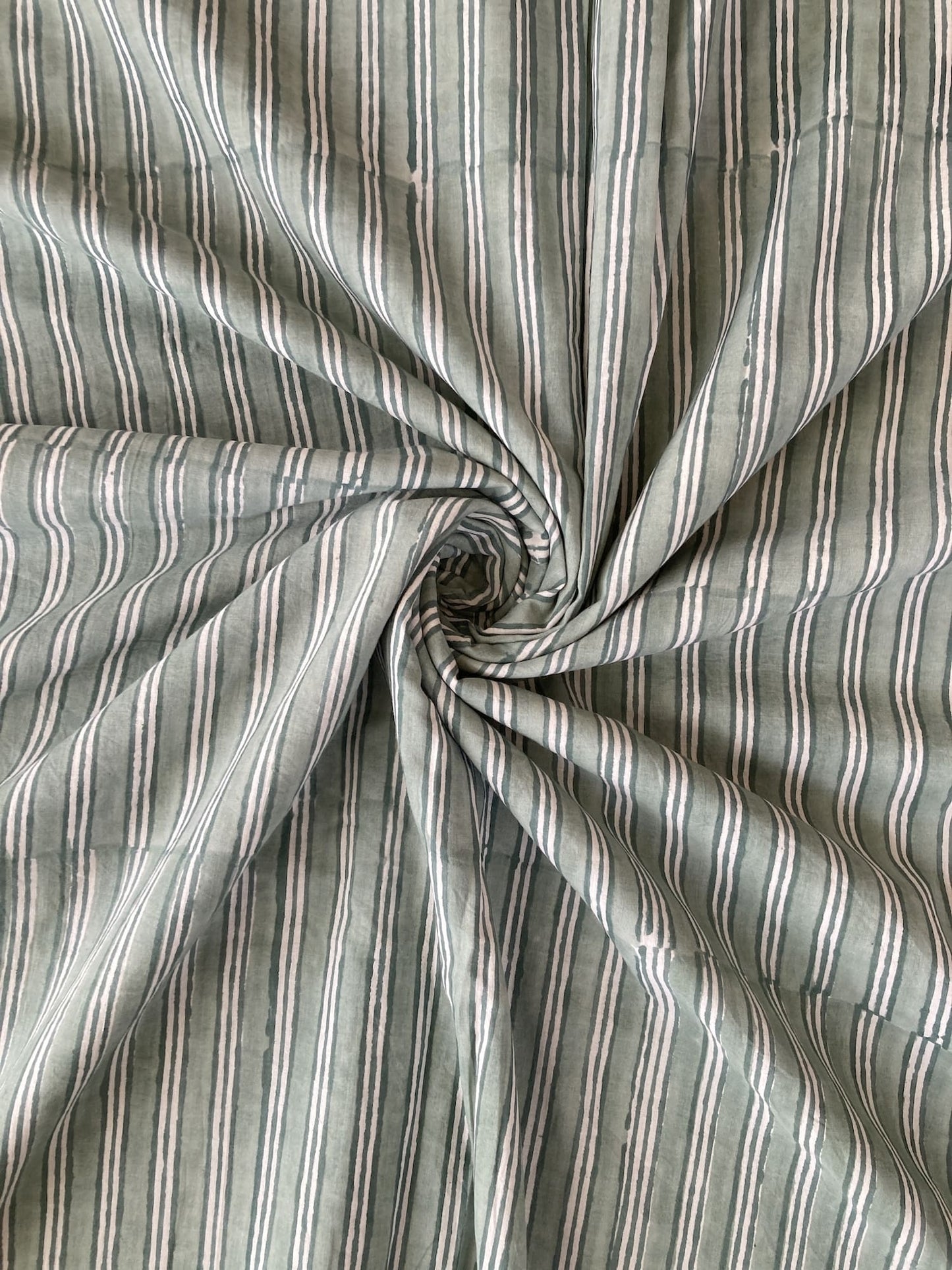 Hand Block Print  Vintage Green Stripes Cotton Fabric  #299-7