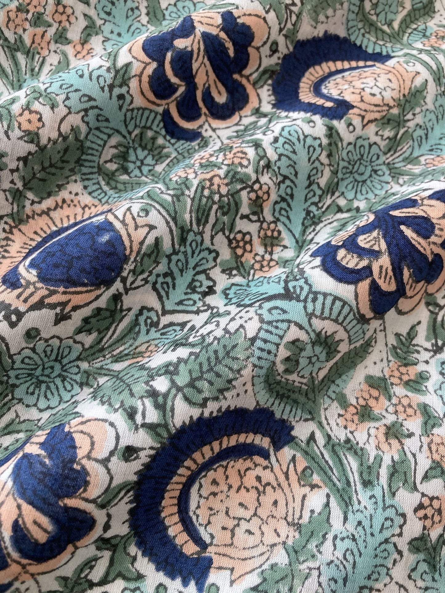 Hand Block Print White Floral Cotton Fabric  #299-9