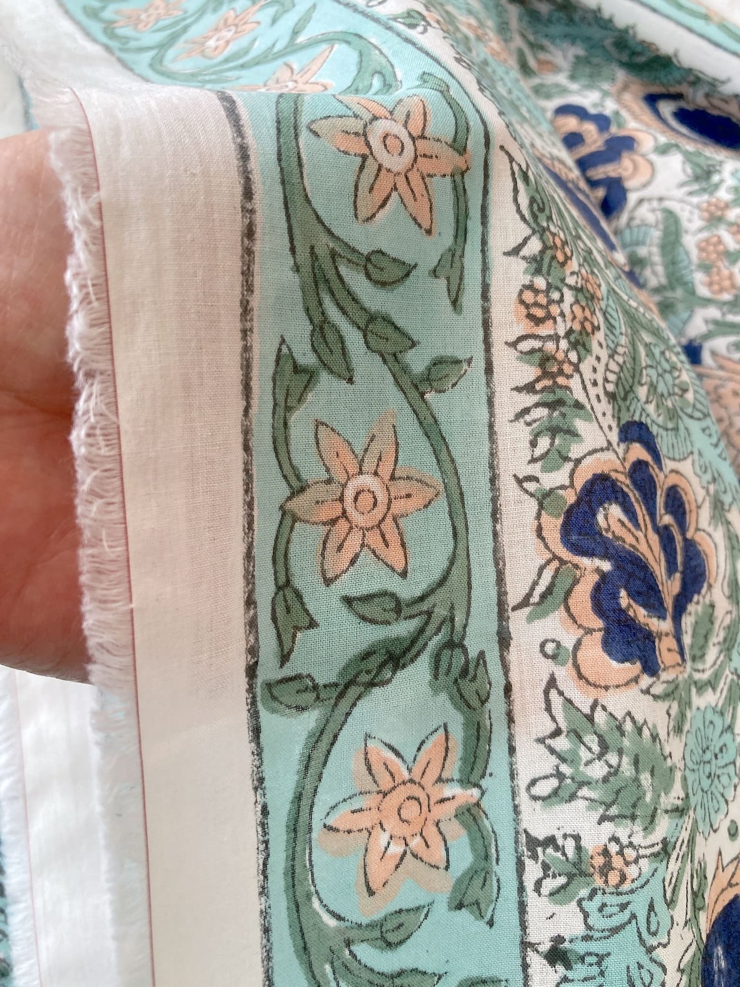 Hand Block Print White Floral Cotton Fabric  #299-9