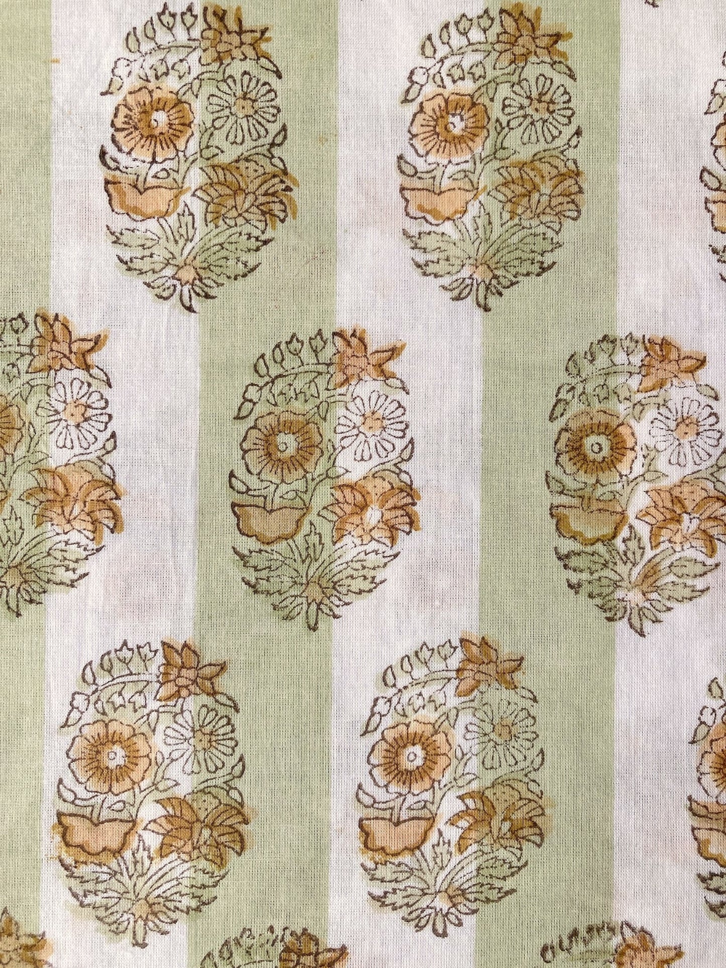 Hand Block Print Sage x White Stripes Cotton Fabric  #310-11