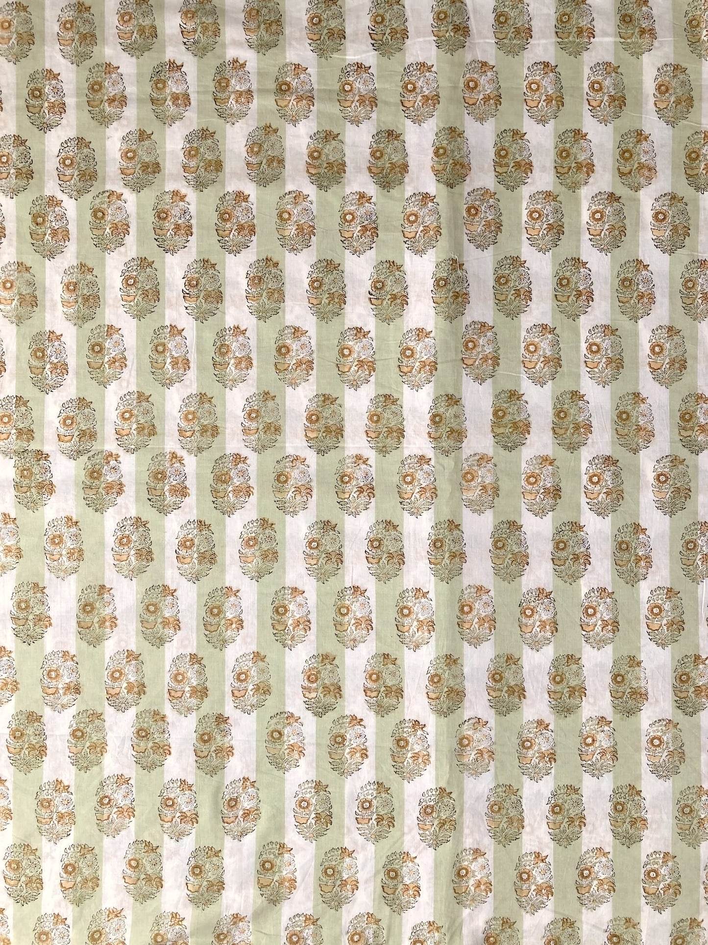 Hand Block Print Sage x White Stripes Cotton Fabric  #310-11
