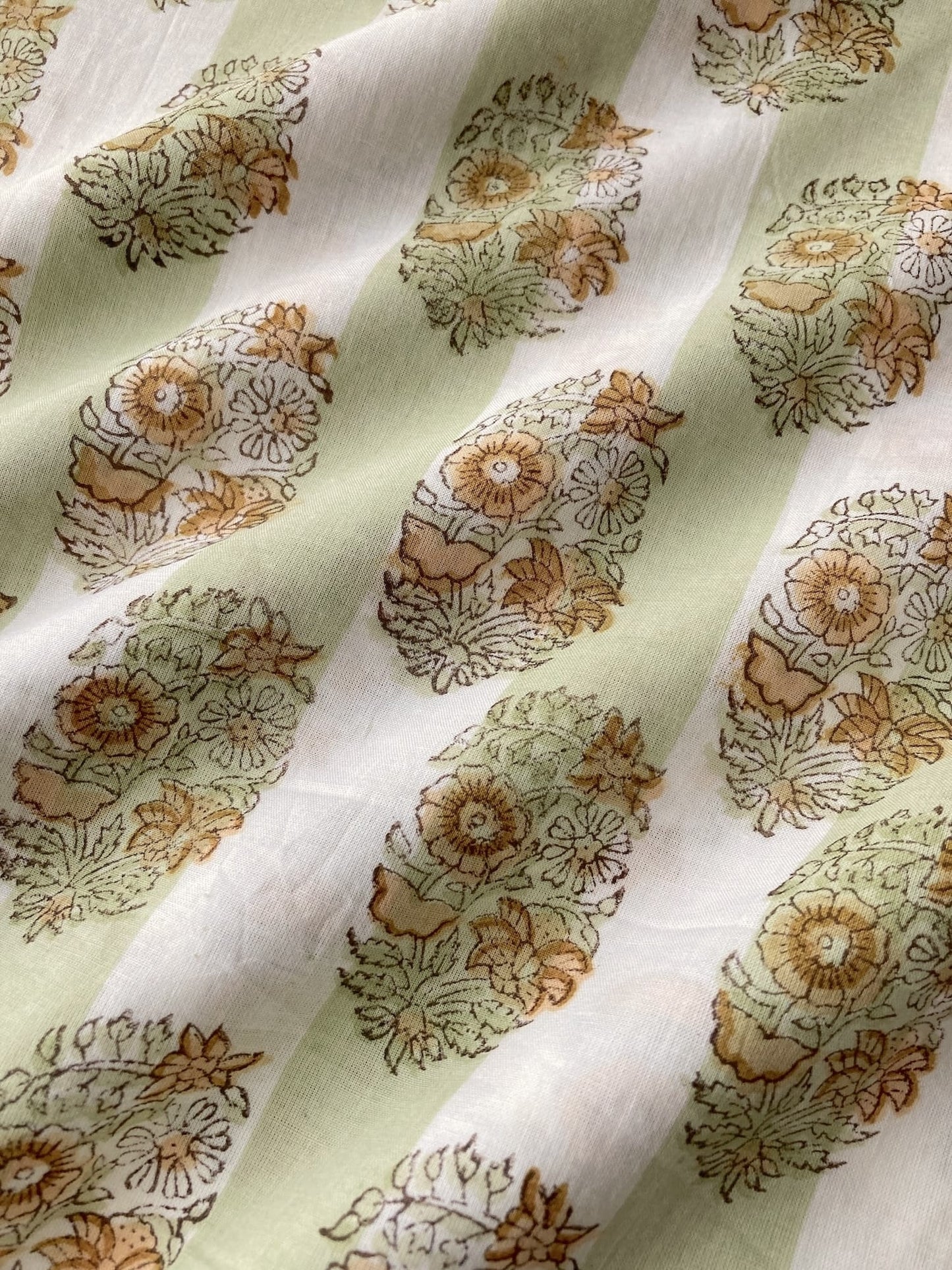 Hand Block Print Sage x White Stripes Cotton Fabric  #310-11