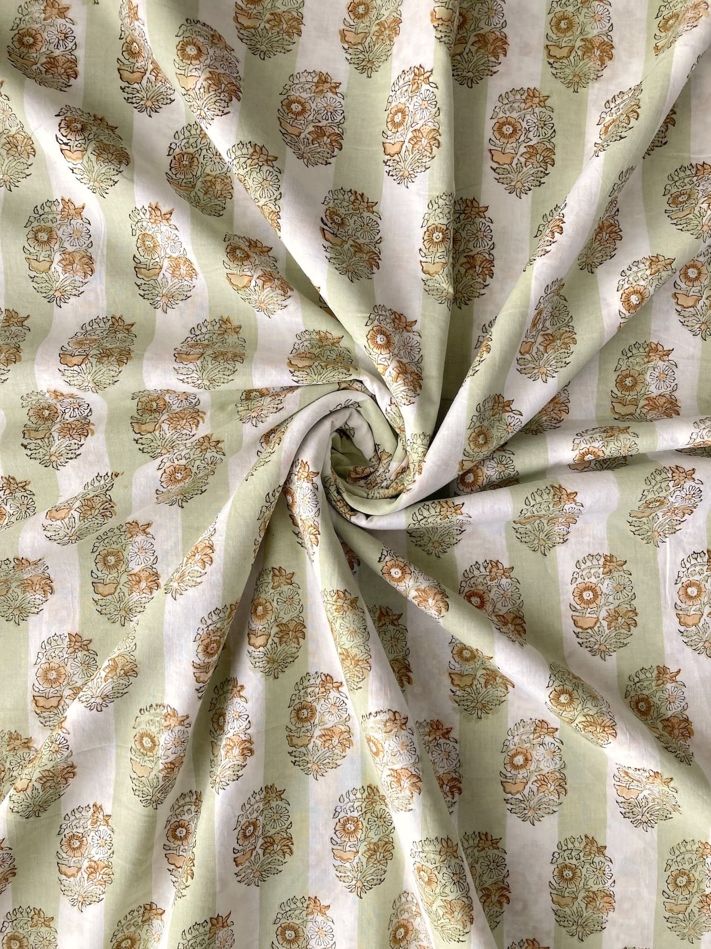 Hand Block Print Sage x White Stripes Cotton Fabric  #310-11